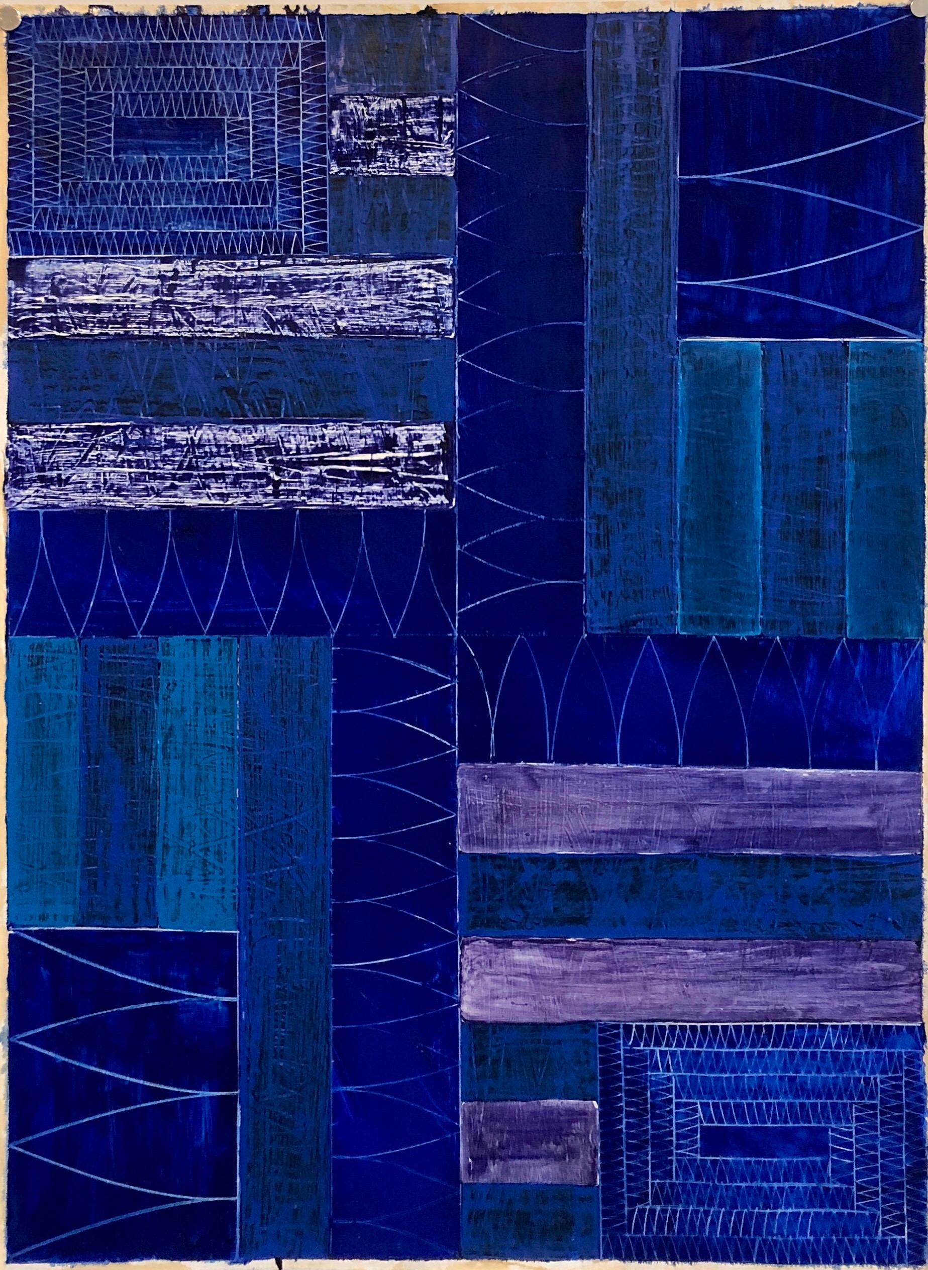 Joan Kahn Colore blu indaco denim Pittura ad olio astratta espressionista modernista in vendita 1