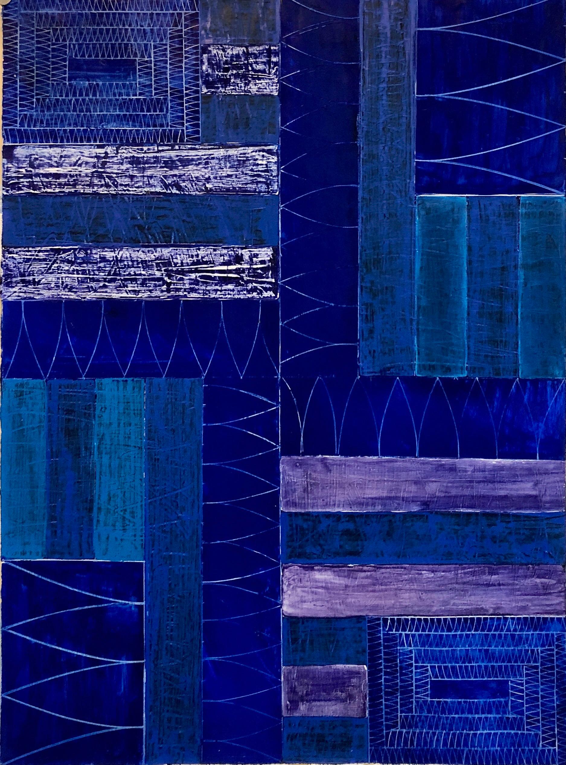 Joan Kahn Colore blu indaco denim Pittura ad olio astratta espressionista modernista in vendita 2