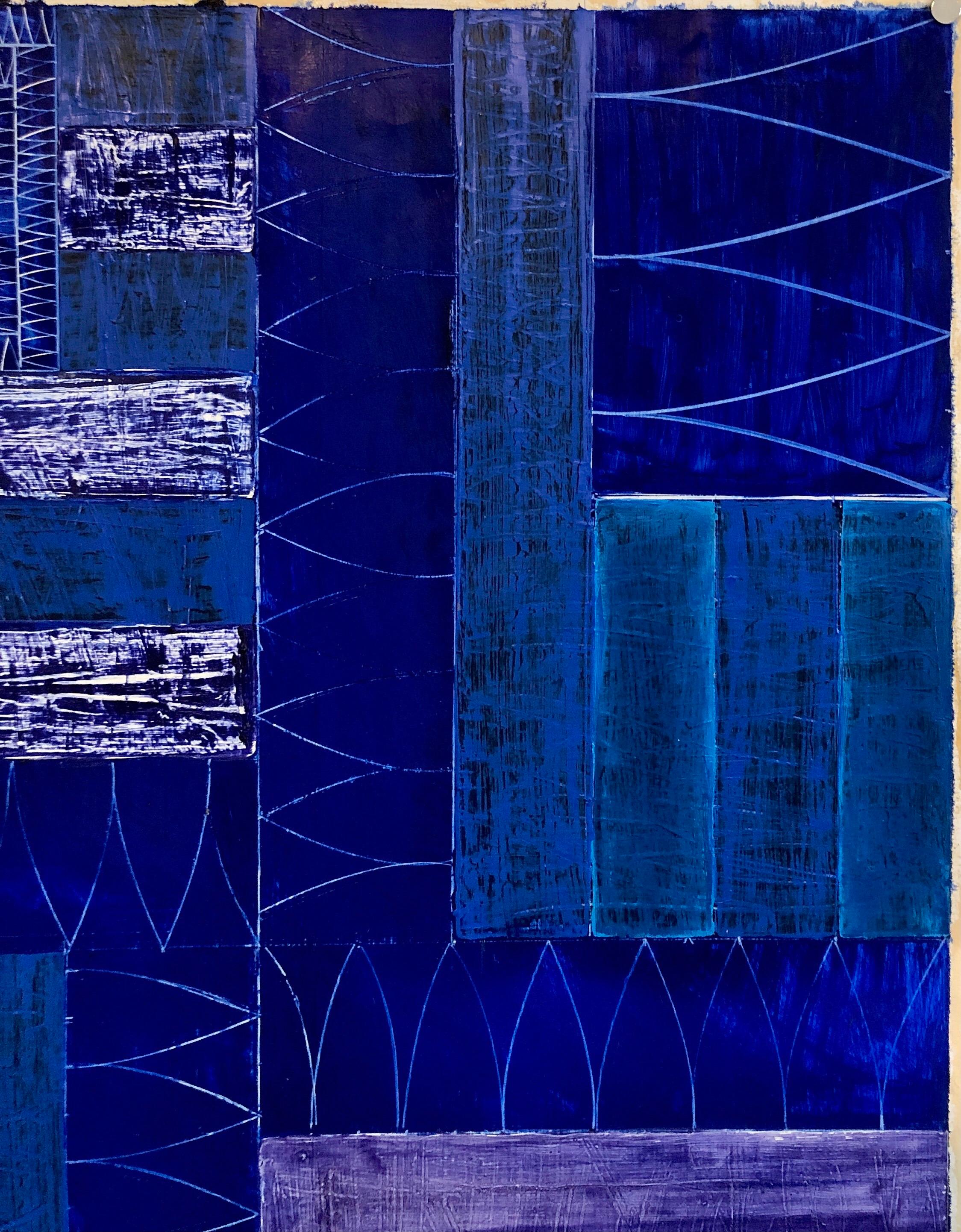Joan Kahn Colore blu indaco denim Pittura ad olio astratta espressionista modernista in vendita 3