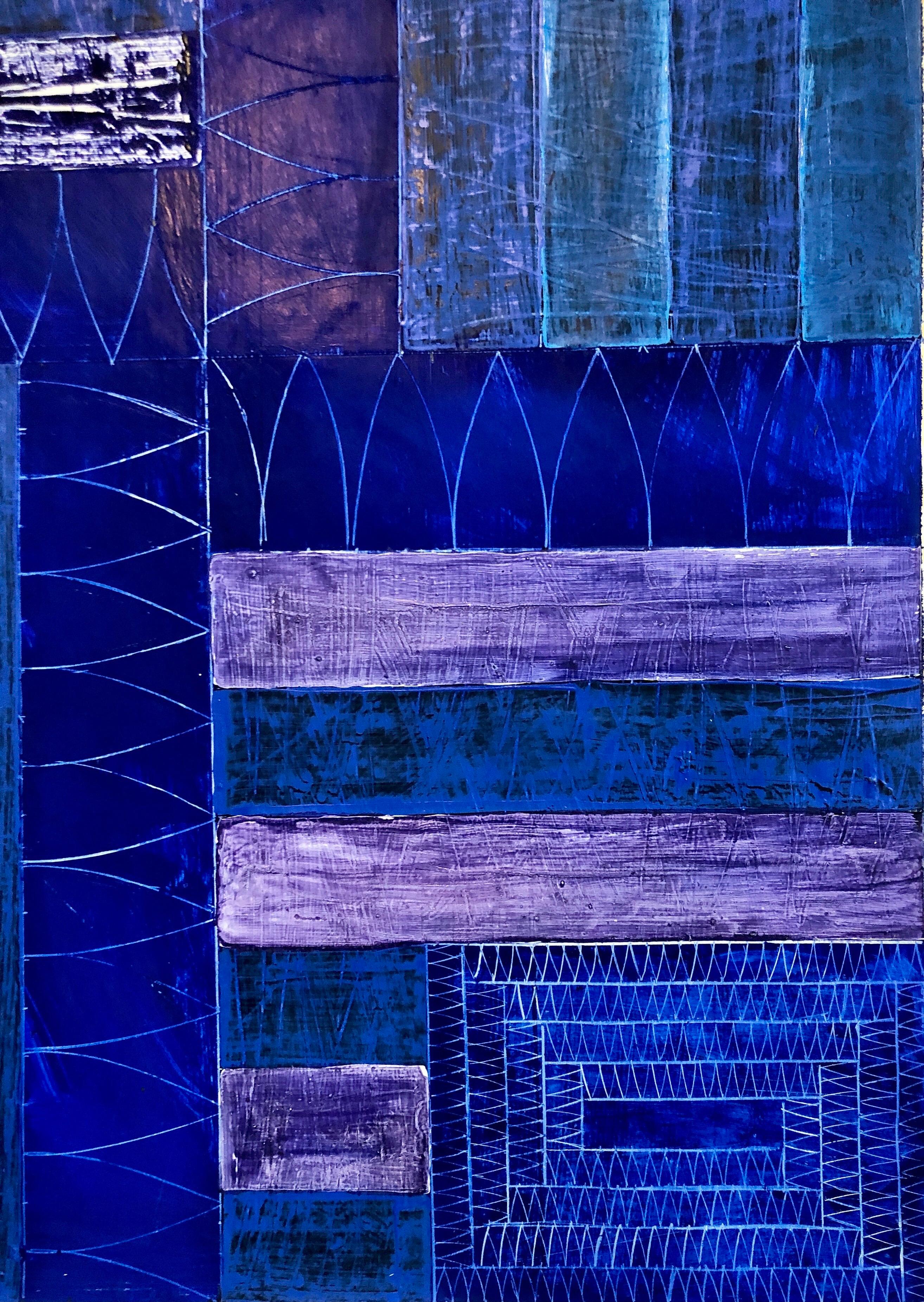 Joan Kahn Colore blu indaco denim Pittura ad olio astratta espressionista modernista in vendita 4