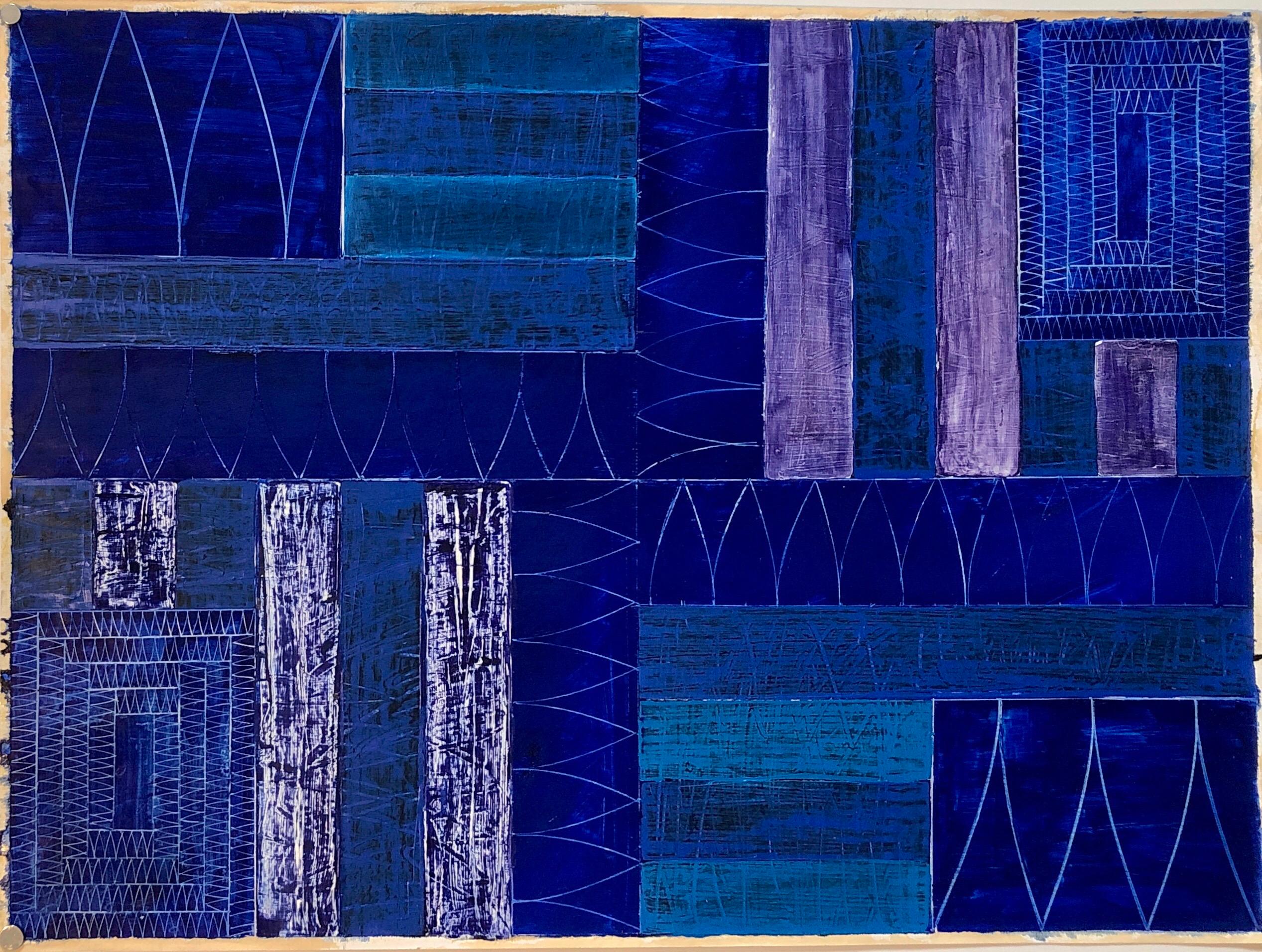 Joan Kahn Colore blu indaco denim Pittura ad olio astratta espressionista modernista in vendita 5