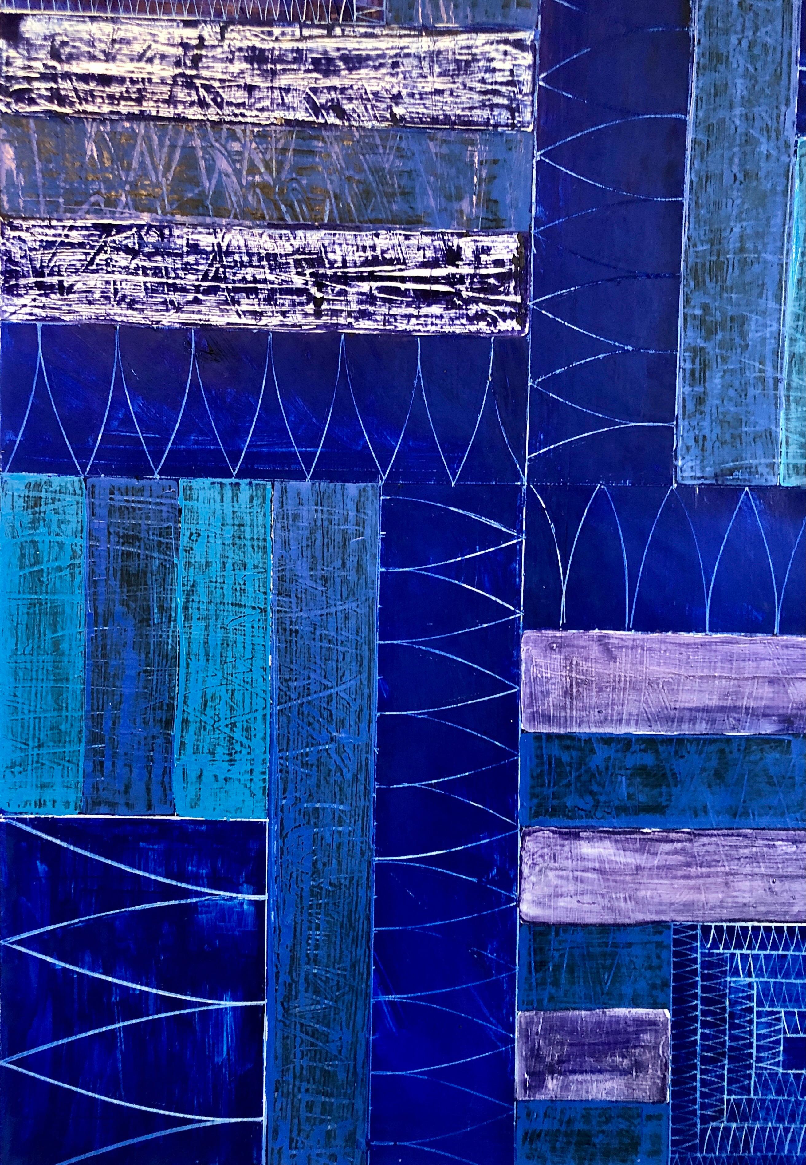 Joan Kahn Colore blu indaco denim Pittura ad olio astratta espressionista modernista in vendita 6