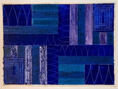Joan Kahn Pintura al óleo expresionista abstracta modernista de color azul vaquero índigo