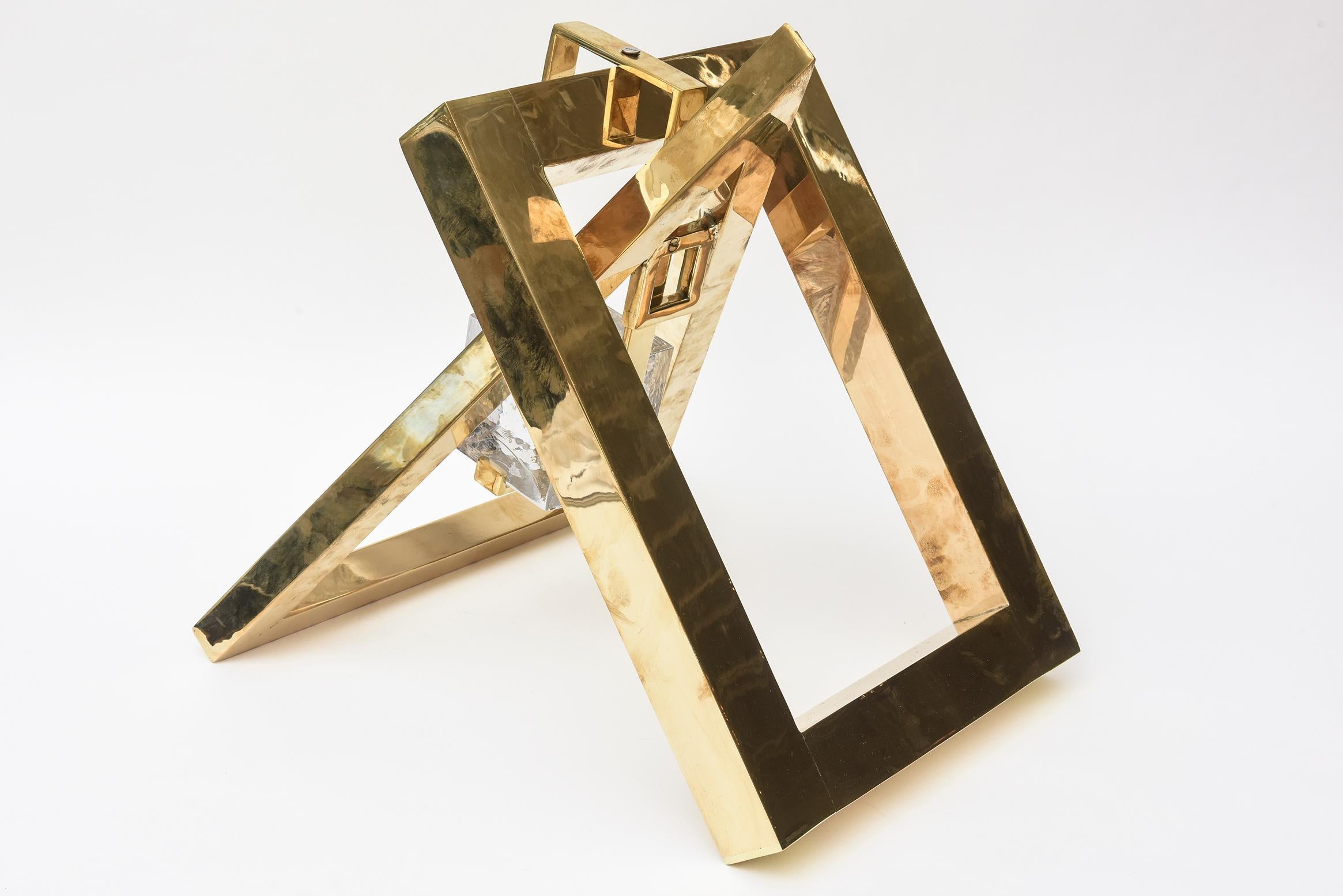 Modern Joan Lehman Geometric Brass and Glass Block Suspended Cube Sculpture Vintage For Sale