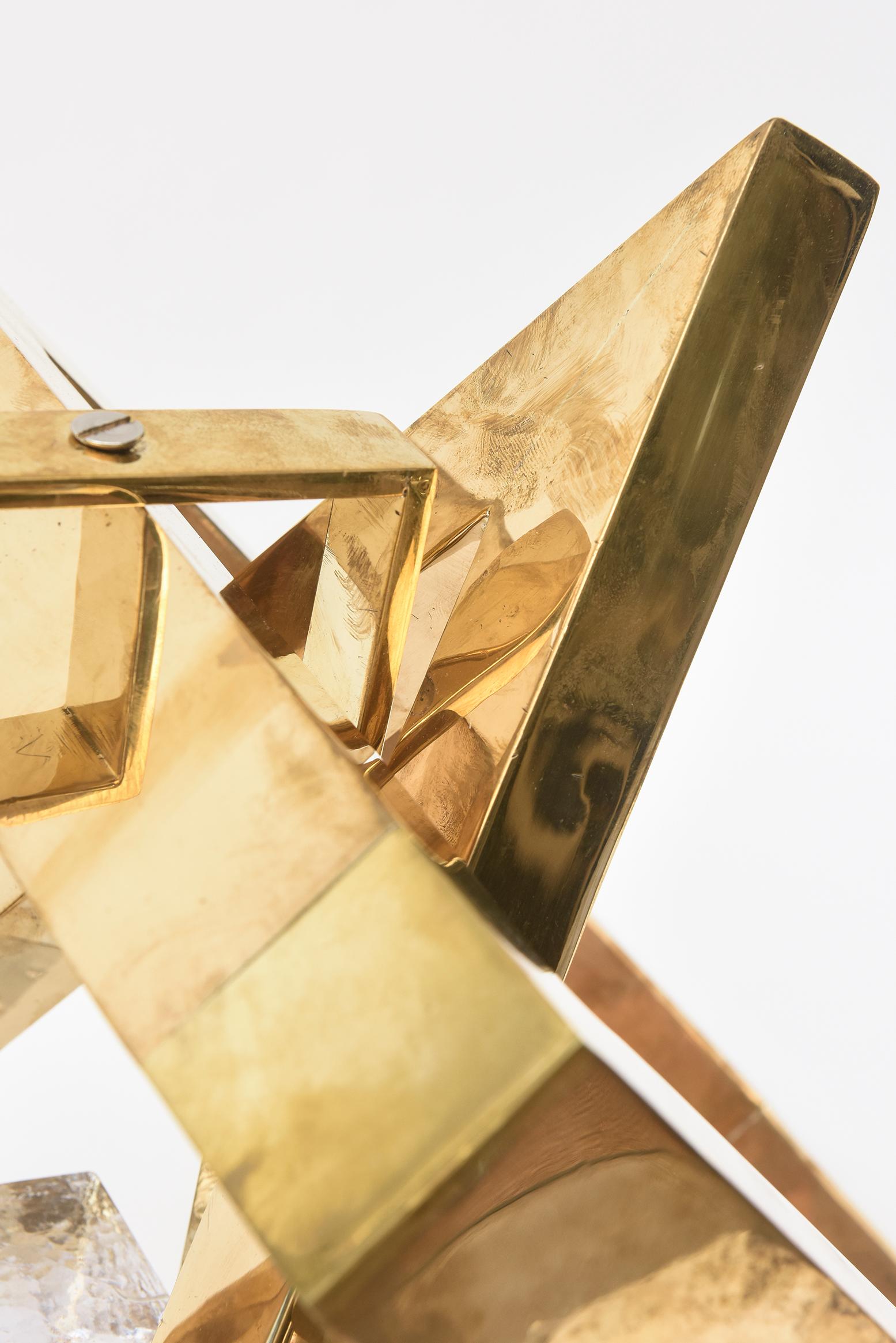 Joan Lehman Geometric Brass and Glass Block Suspended Cube Sculpture Vintage In Good Condition For Sale In North Miami, FL