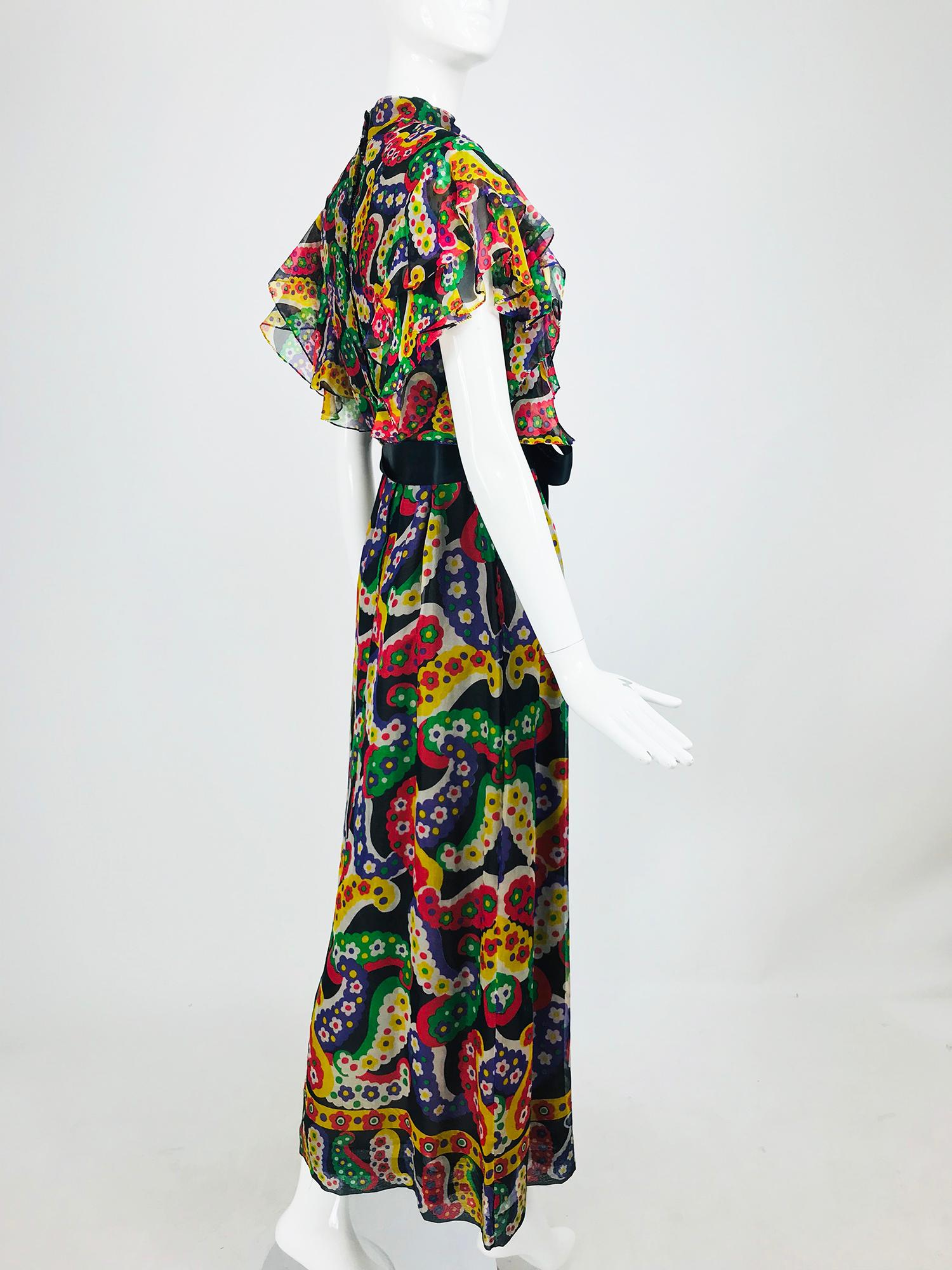 Black Joan Leslie for Kasper Paisley Silk Organza 30s Inspired Maxi Dress 1970s