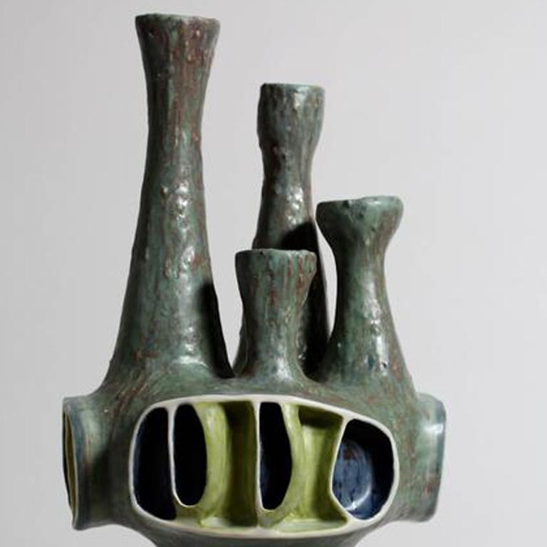 untitled- chartreuse blue green abstract geometric porcelain sculpture - Abstract Geometric Sculpture by Joan Lurie