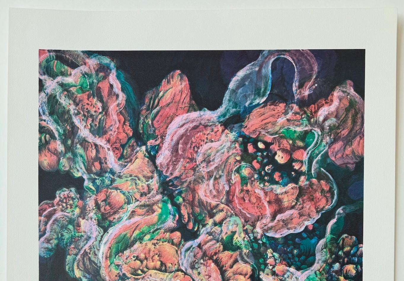 Corallo 19: Rosa pesca, Verde blu, Litografia firmata, Nature Abstract Coral Reef in vendita 1