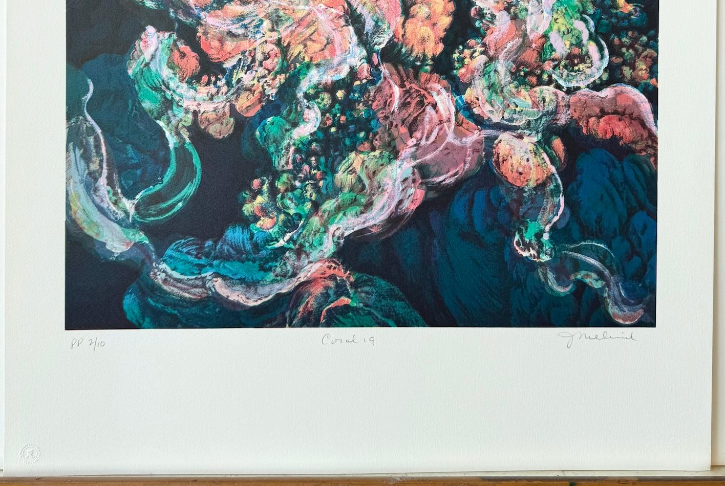 Corallo 19: Rosa pesca, Verde blu, Litografia firmata, Nature Abstract Coral Reef in vendita 2