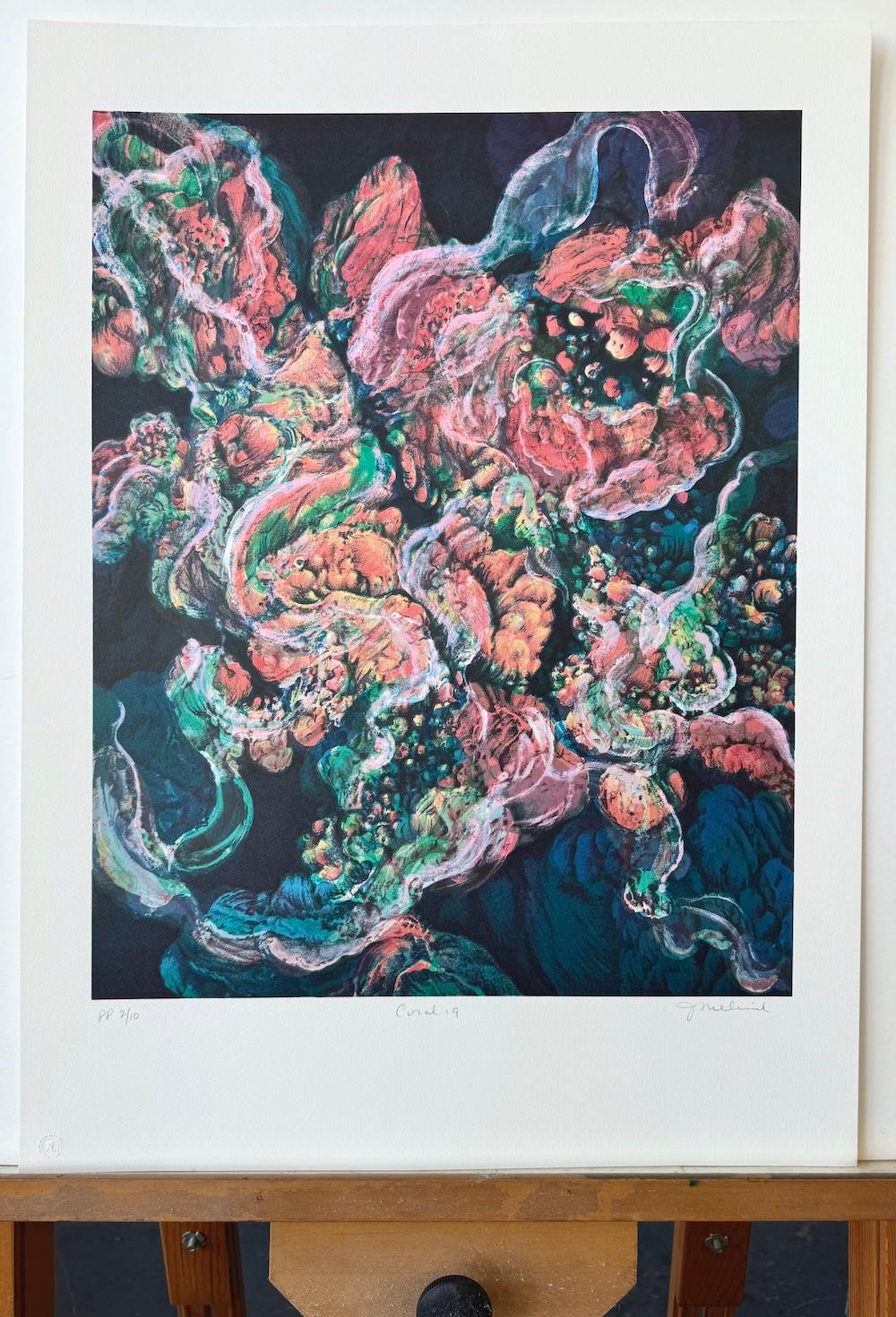 Corallo 19: Rosa pesca, Verde blu, Litografia firmata, Nature Abstract Coral Reef in vendita 3