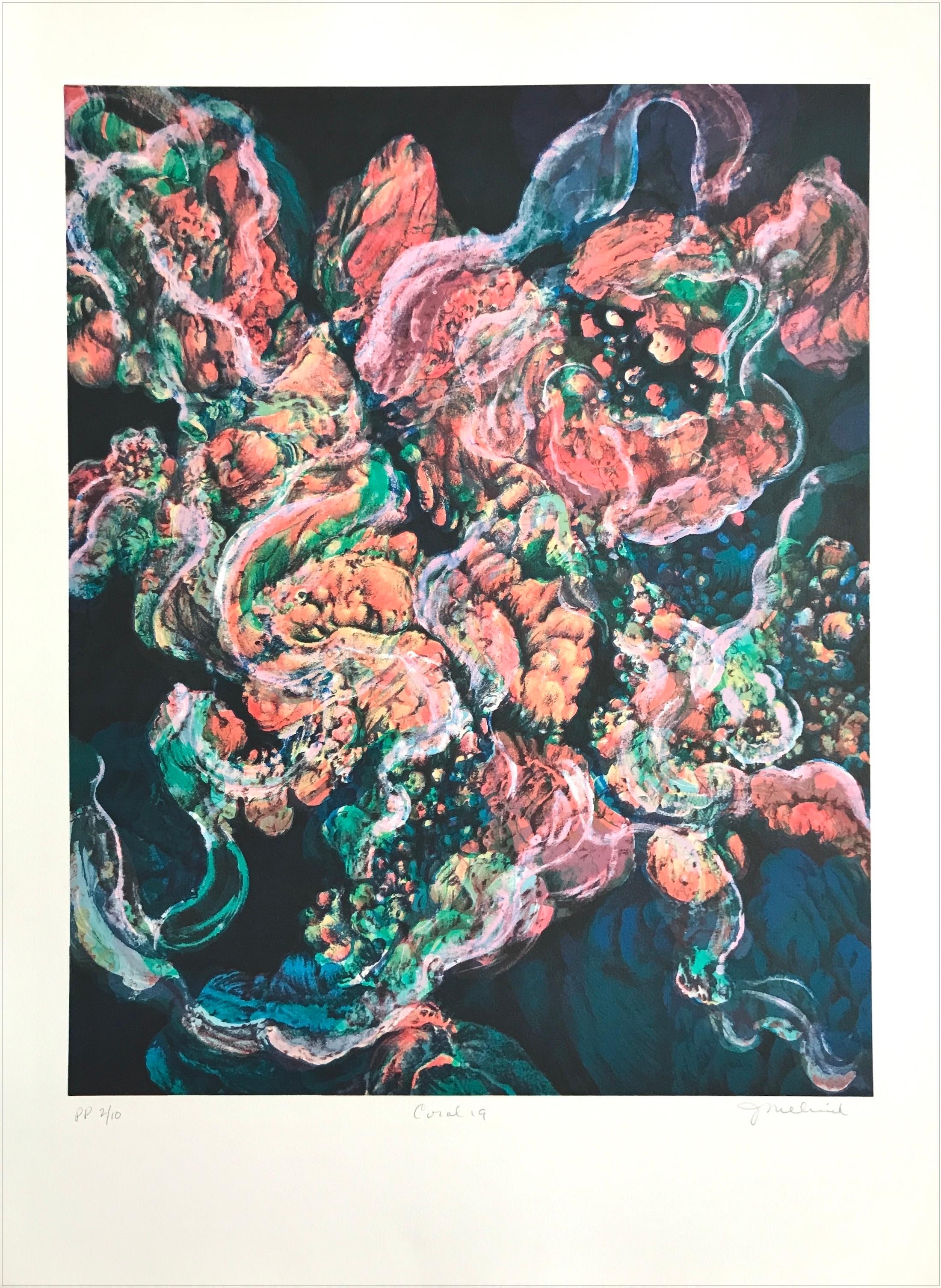 Coral 19: Peach Pink, Blue Green, Signed Lithograph, Nature Abstract Coral Reef
