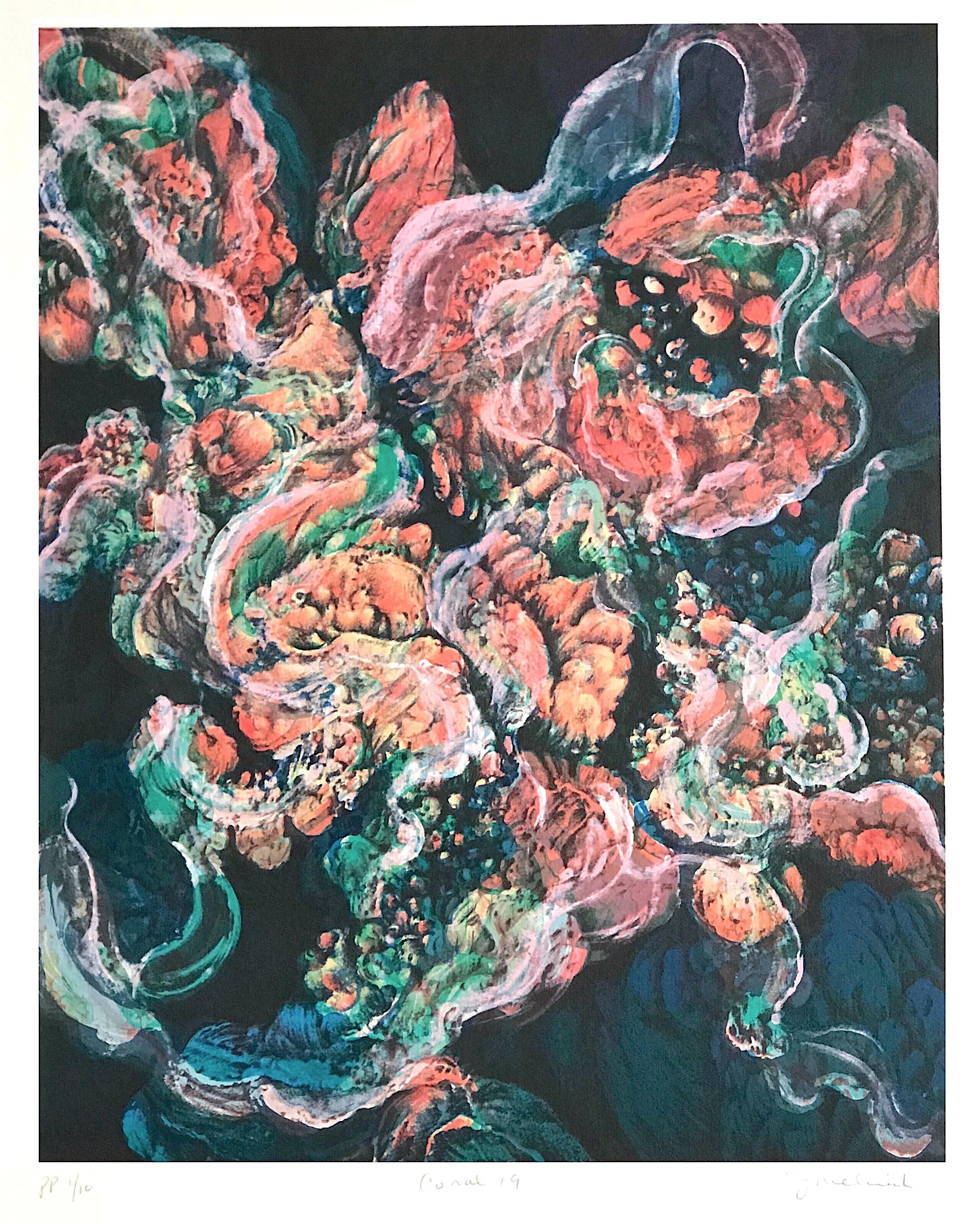 Abstract Print Joan Melnick - Coral 19: Peach Pink, Blue Green, Signed Lithograph, Nature Abstract Coral Reef