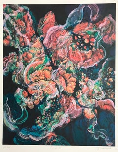 Coral 19: Peach Pink, Blue Green, Signed Lithograph, Nature Abstract Coral Reef