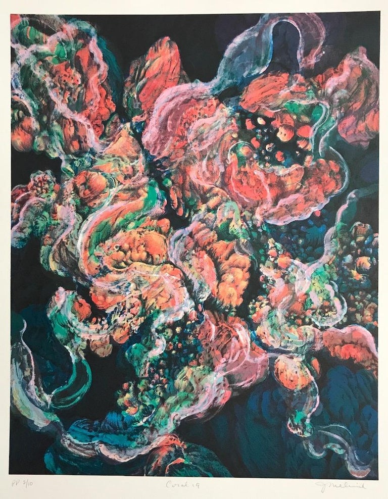 Coral 19:Coral Pink, Blue Green, Signed Lithograph, Nature Abstract Coral Reef - Print by Joan Melnick