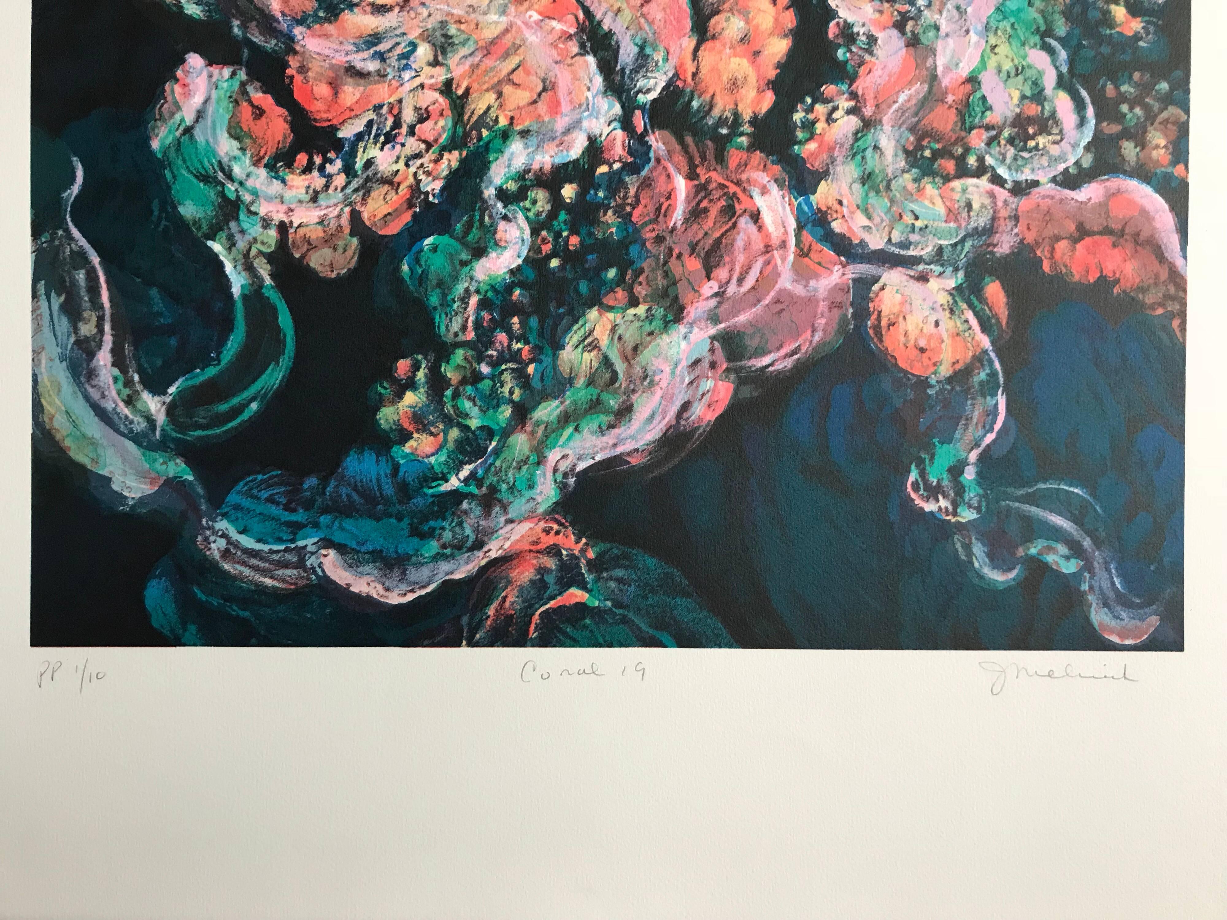 Coral 19:Coral Pink, Blue Green, Signed Lithograph, Nature Abstract Coral Reef - Contemporary Print by Joan Melnick