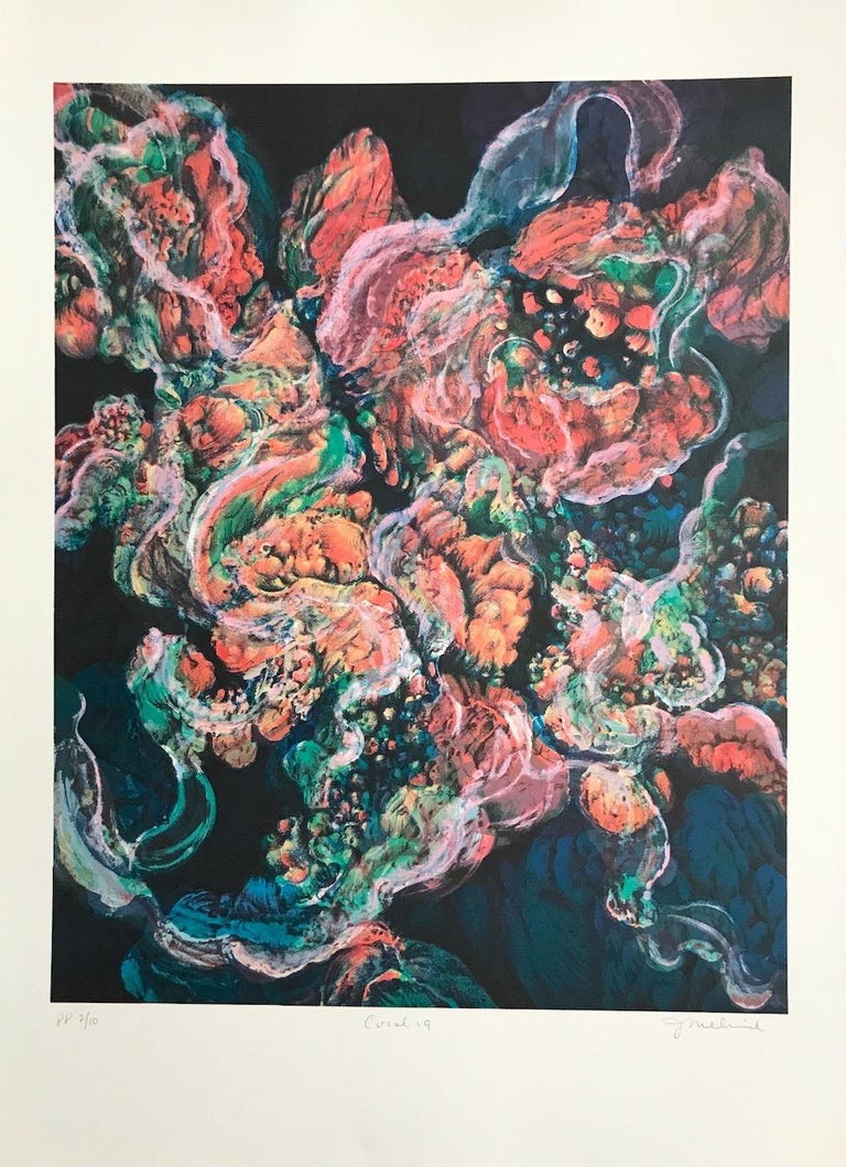 Coral 19 is an original hand drawn lithograph by the NY woman artist, Joan Melnick. Inspired by the fragile beauty of reefs with their exotic forms and vibrant colors, Coral 19 is an abstract composition comprised of shades of blue green, light