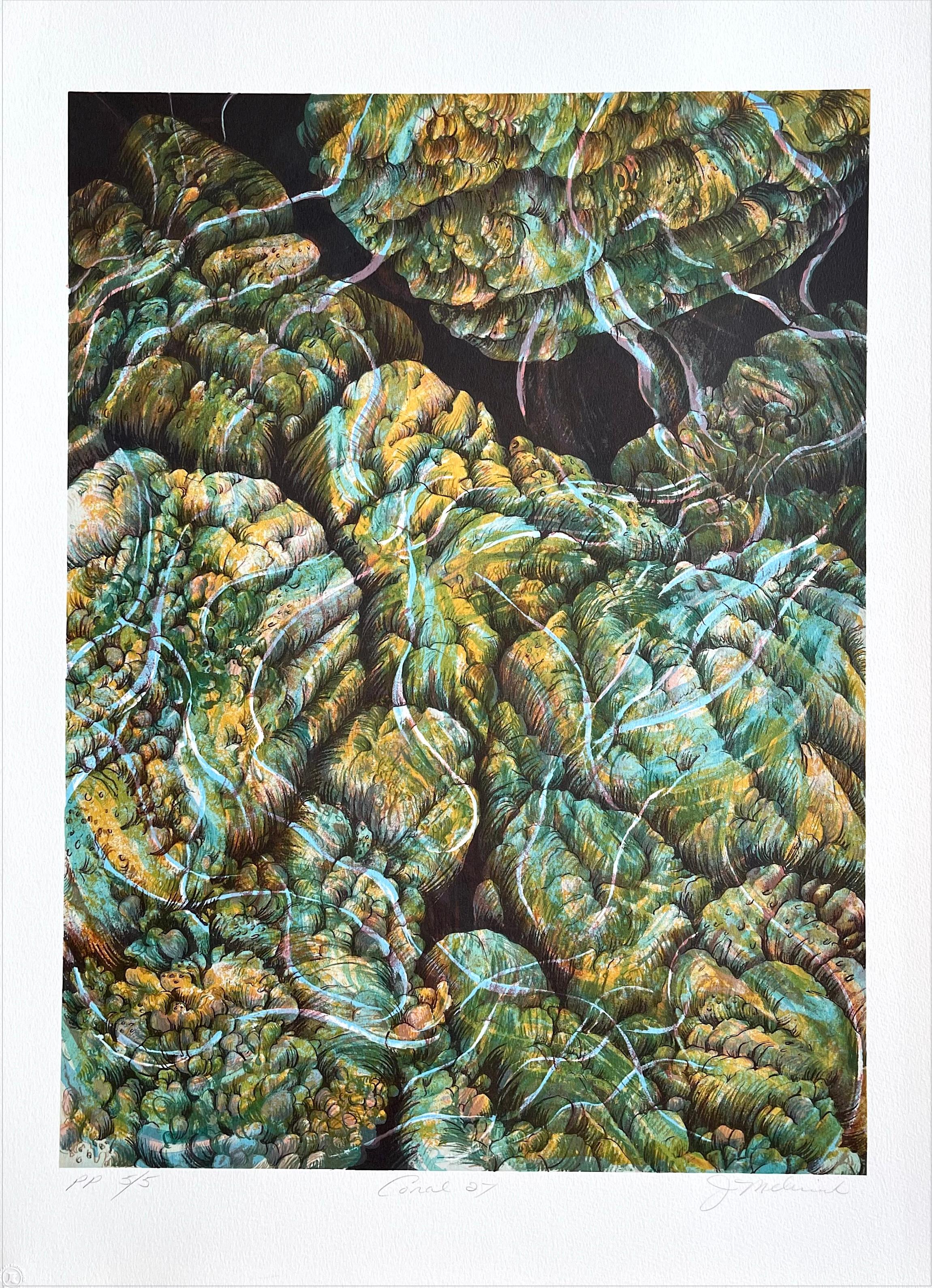 Coral 27 Aqua, Amarillo, Litografía Firmada, Naturaleza Abstracta, Arrecife de Coral, Océano