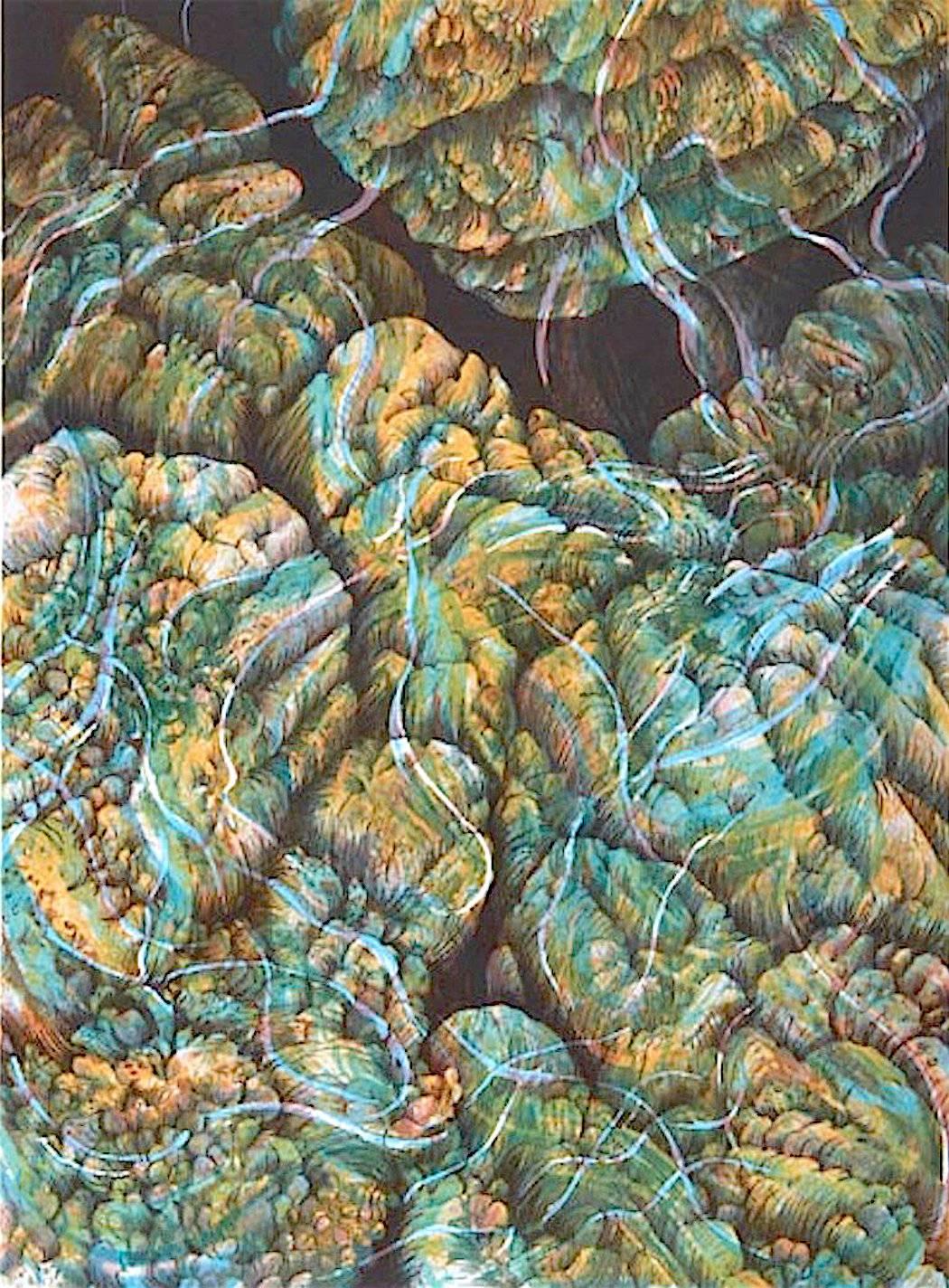 Coral 27: Aqua, Yellow, Signed Lithograph, Nature Abstract, Coral Reef, Water - Contemporary Print by Joan Melnick