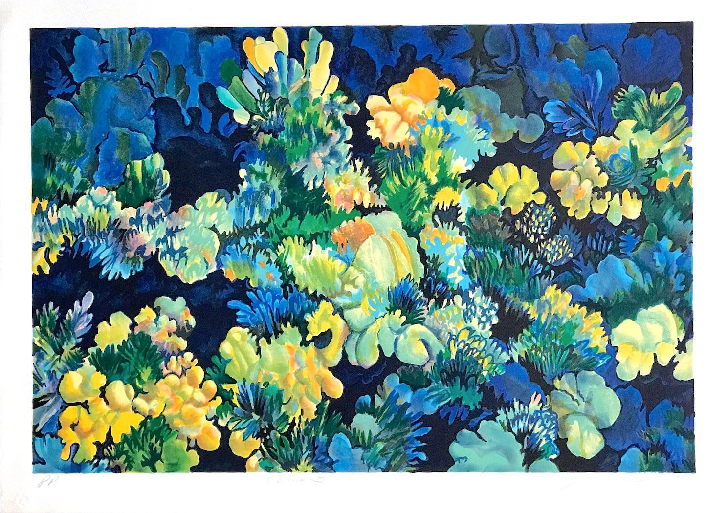 Coral 3 - Blue, Original Lithograph, Nature Abstract, Coral Reef - Print by Joan Melnick