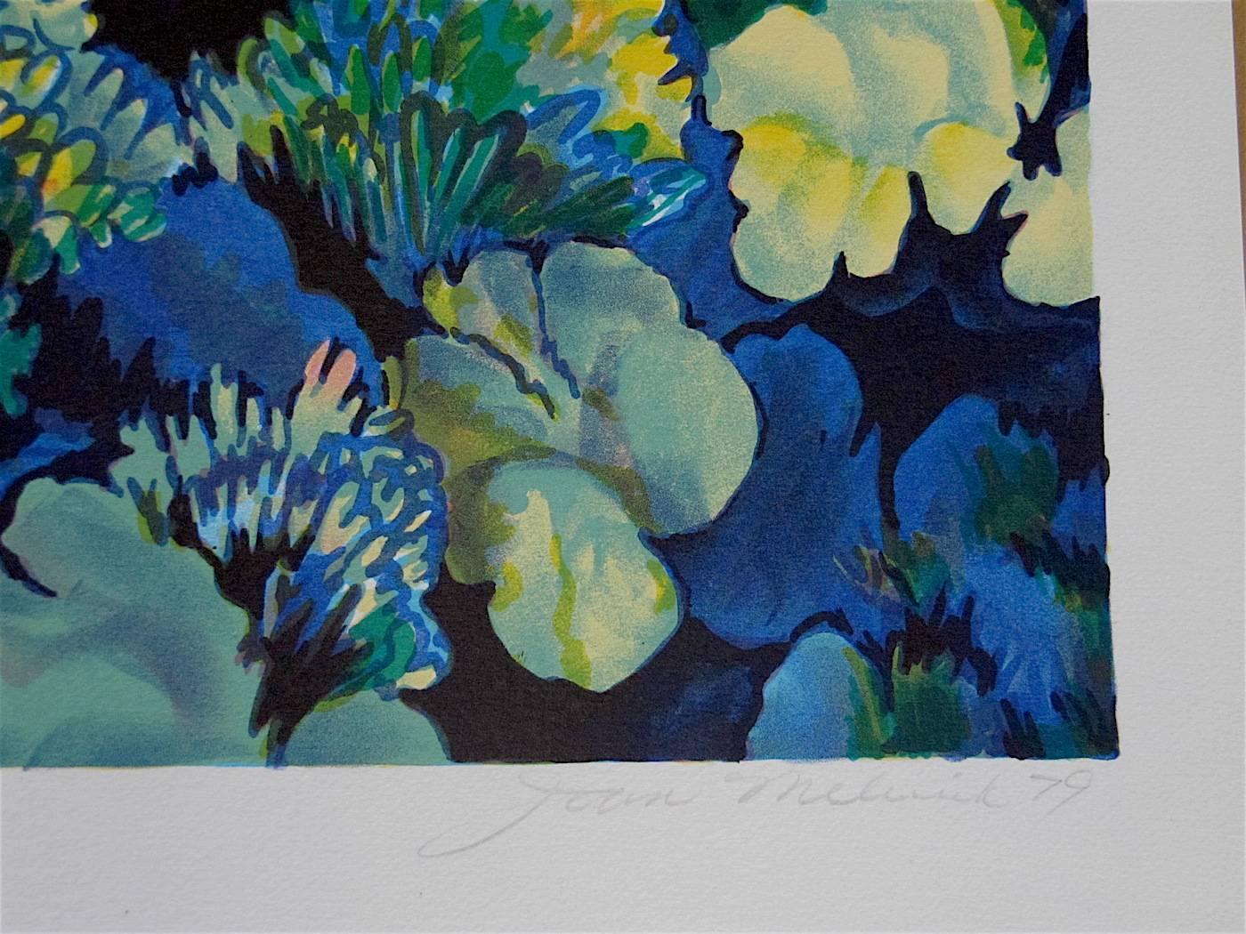 Coral 3 - Blue, Original Lithograph, Nature Abstract, Coral Reef - Contemporary Print by Joan Melnick