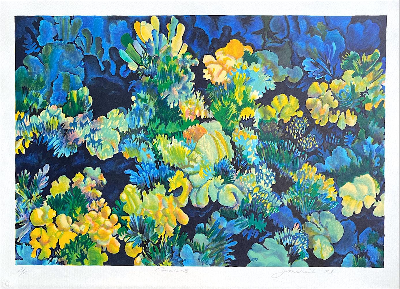 CORAL 3: Blue, Signed Lithograph, Nature Abstract Coral Reef, Dark Blue, Yellow