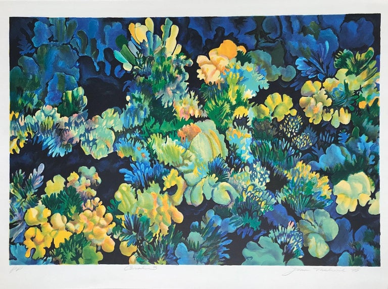 CORAL 3 is an original hand drawn lithograph created in 1979 by the NY woman artist, Joan Melnick. Inspired by the fragile beauty of coral reefs with their exotic forms and vibrant colors, CORAL 3 is a colorful nature abstract printed in rich shades