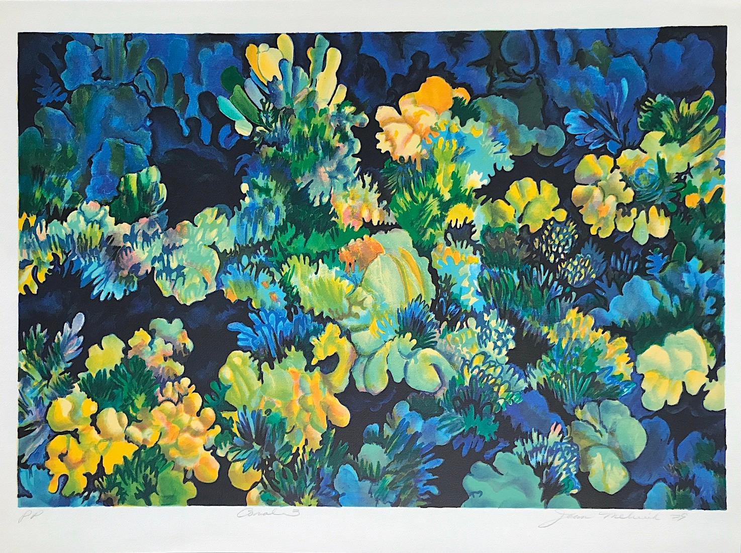CORAL 3 - Blue, Signed Lithograph, Nature Abstract Coral Reef, Yellow Green Blue For Sale 1