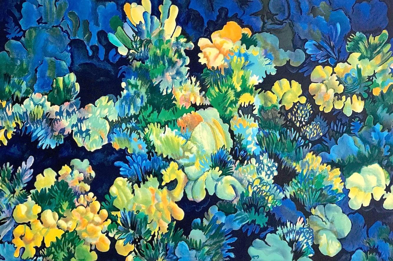 CORAL 3 - Blue, Signed Lithograph, Nature Abstract Coral Reef, Yellow Green Blue - Print by Joan Melnick