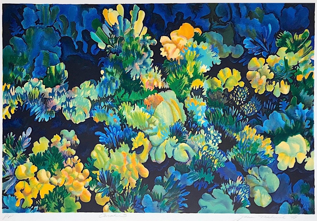 Joan Melnick Abstract Print - CORAL 3 - Blue, Signed Lithograph, Nature Abstract Coral Reef, Yellow Green Blue