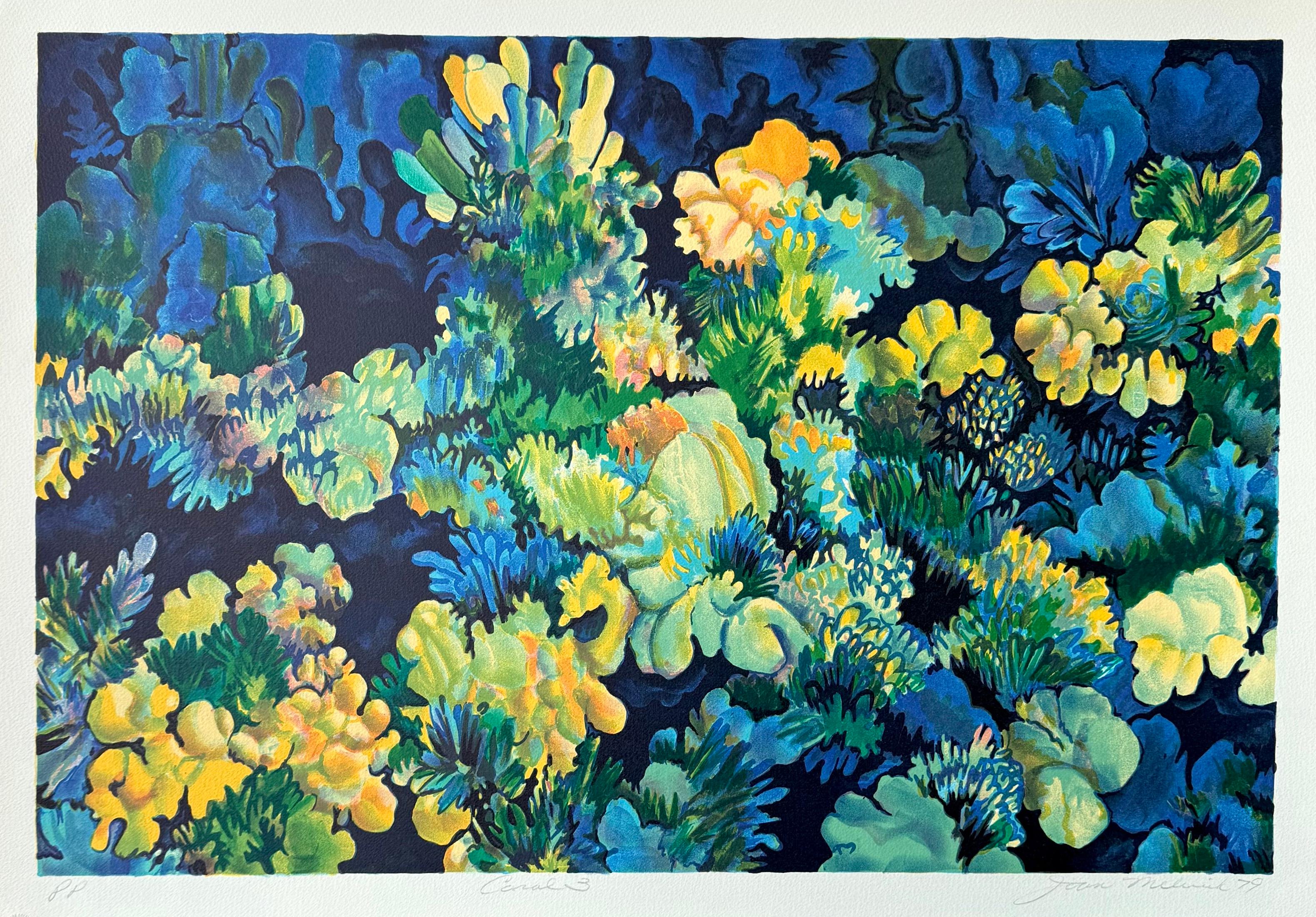 CORAL 3 - Blau, Signierte Lithographie, Nature Abstract Coral Reef, Gelb Grün Blau