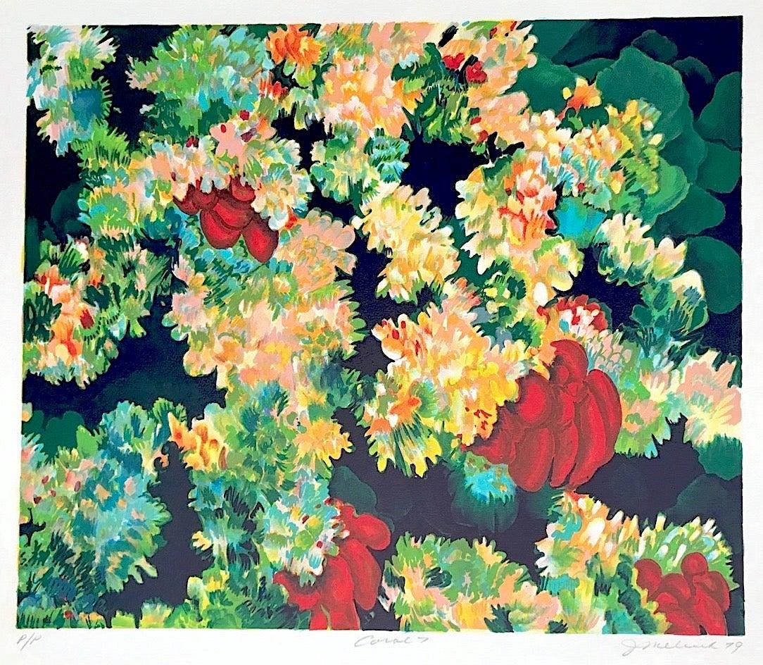 CORAL 7: Dark Green, Red, Signed Lithograph, Nature Abstract Coral Reef Sea Life - Print by Joan Melnick
