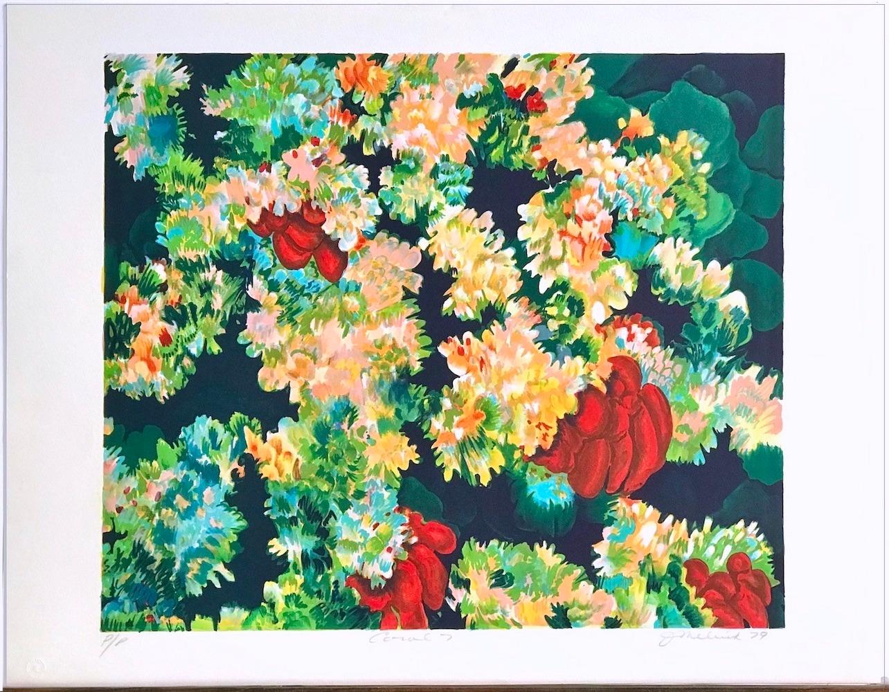 Coral 7 is an original hand drawn lithograph by the NY woman artist, Joan Melnick. Inspired by the fragile beauty of ocean reefs with their exotic aquatic animal forms and vibrant colors, Coral 7 is an abstract composition comprised of shades of