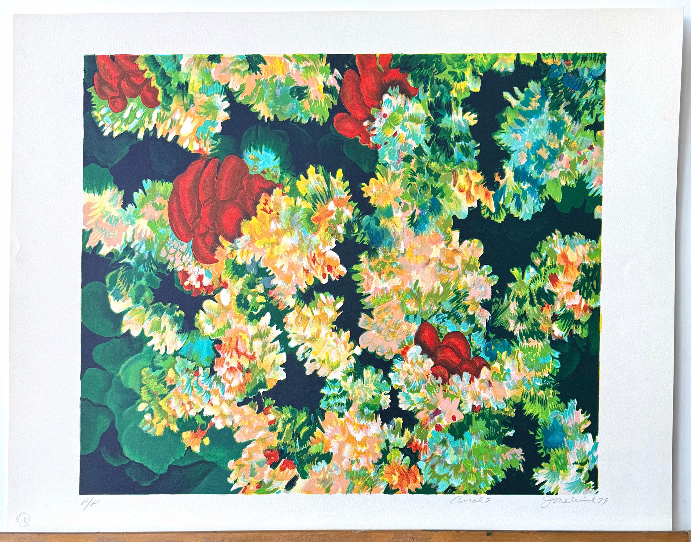 CORAL 7 Dark Green, Red, Signed Lithograph, Nature Abstract Coral Reef Sea Life For Sale 2