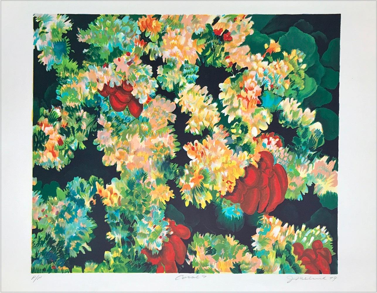 Joan Melnick Animal Print - CORAL 7: Dark Green, Red, Signed Lithograph, Nature Abstract Coral Reef Sea Life