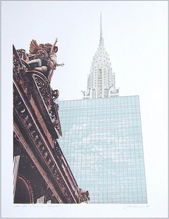 NEU YORK CITY: GRAND HYATT Signierte Lithographie NYC Building Grand Central Terminal