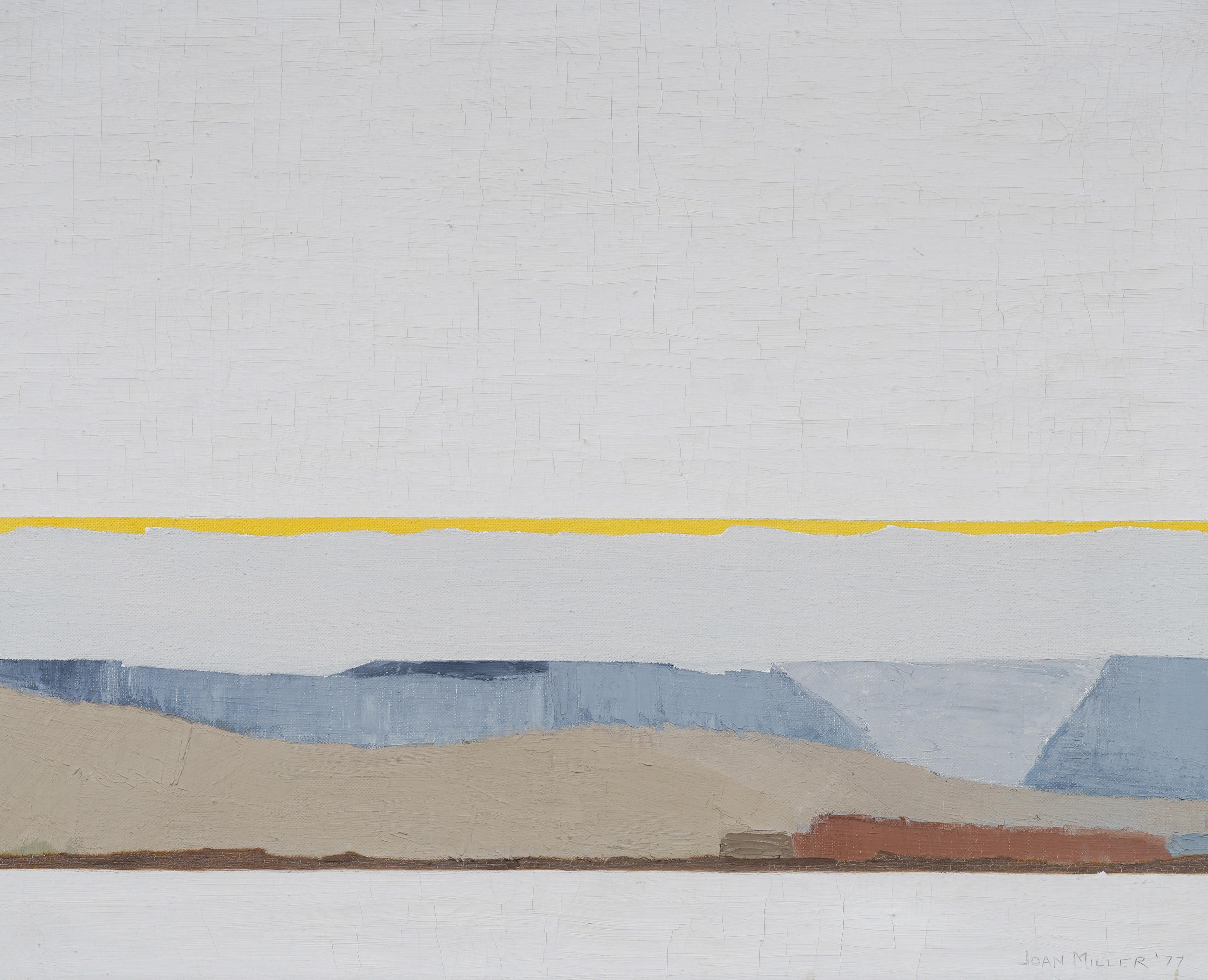 Antico dipinto ad olio di paesaggio astratto minimalista americano modernista incorniciato - Abstract Painting Grigio di Joan Miller