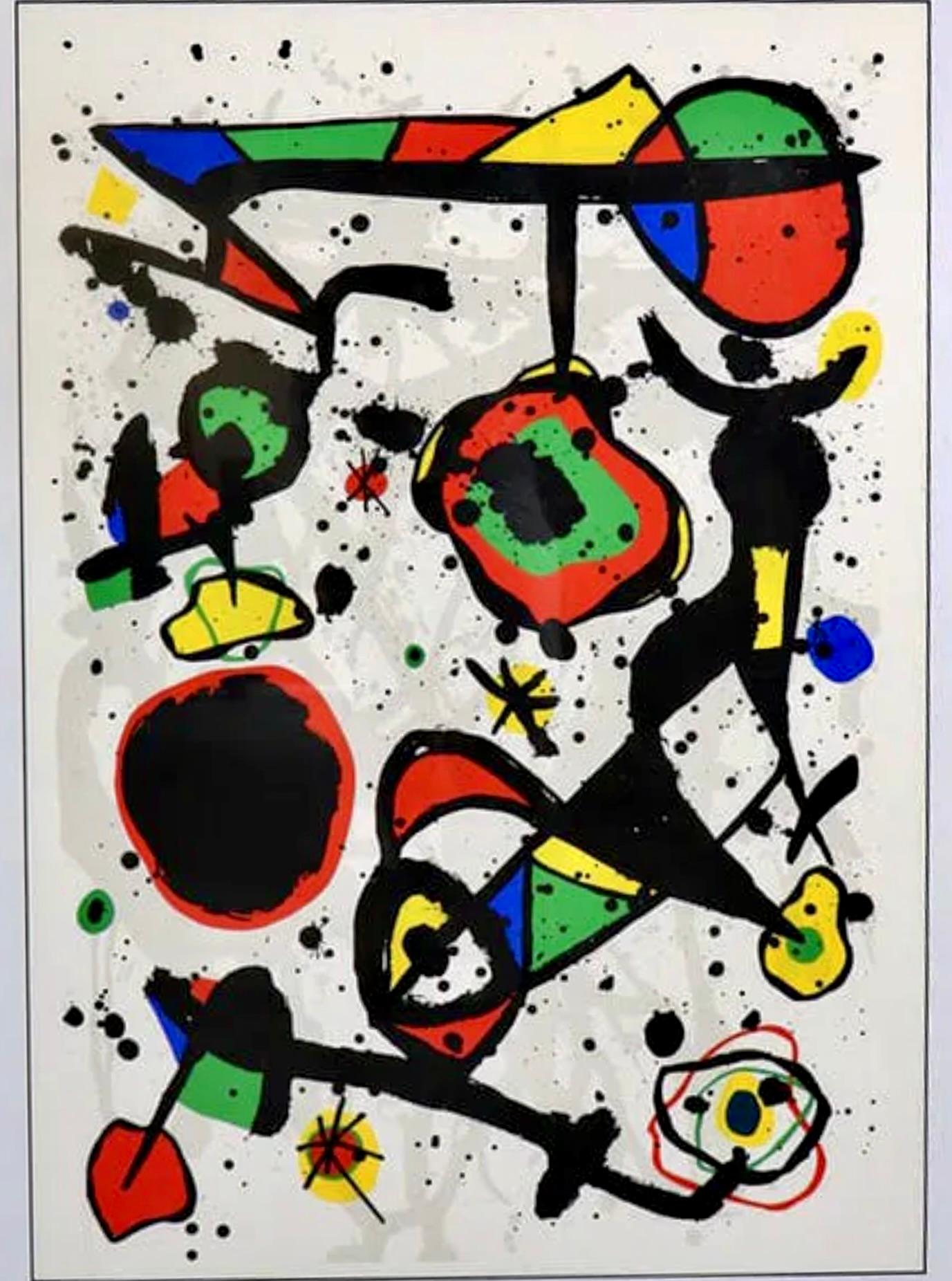 Diese Serigrafie im Stil von Joan Miro besticht durch ihre lebendige Farbgebung und einen Holzrahmen mit schwarzer Zierleiste. 
Bitte bestätigen Sie den Standort NY oder NJ