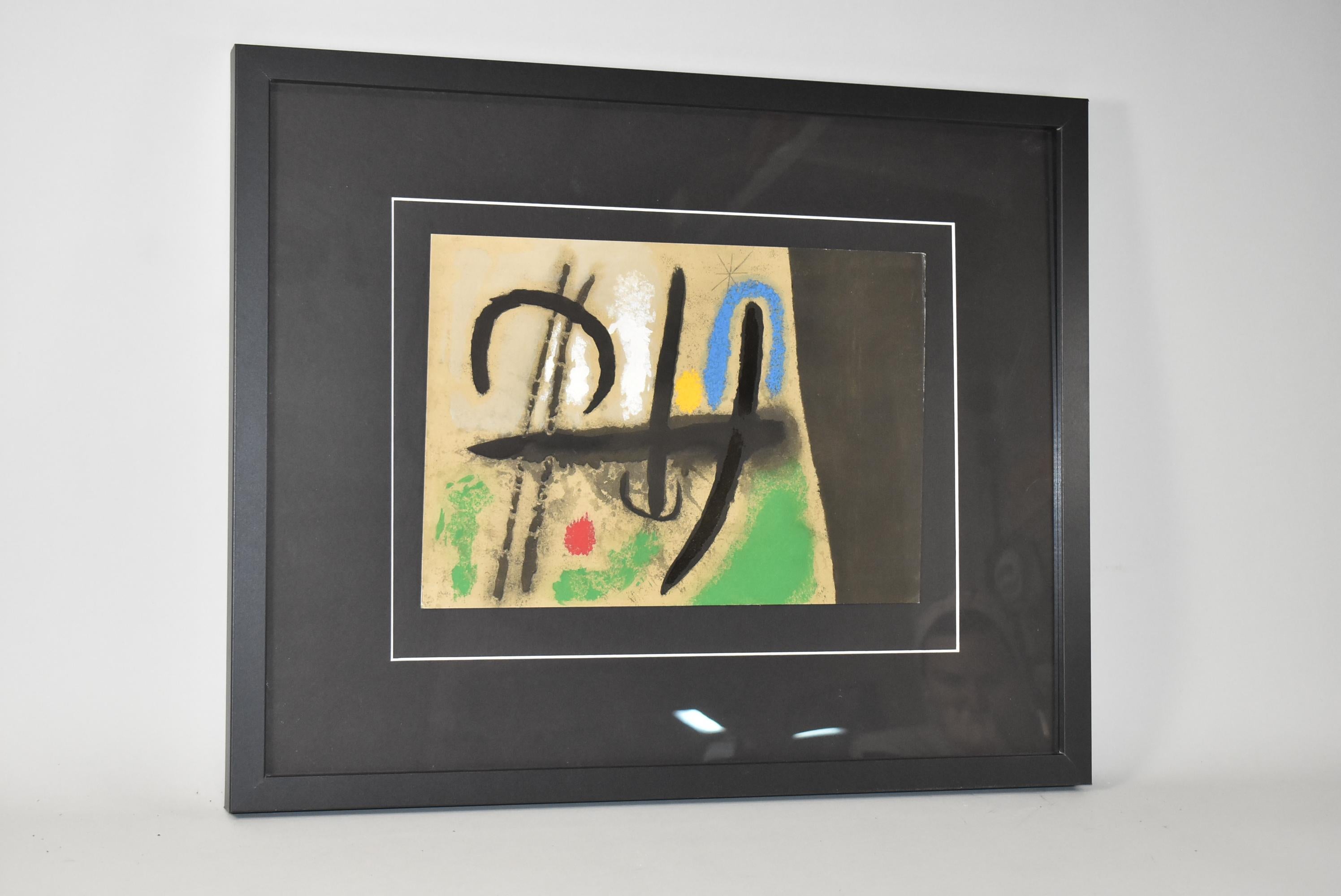 Joan Miro Cartones #16 Oisezux dans un paysage 31-3-1963. Abstrakte Pochoirs aus der Mappe Cartones, Auflage von 1200 Stück aus Cartones (Cramer 103), 1965, herausgegeben von der Pierre Matisse Gallery, NY. In sehr schwerer, farbähnlicher Tinte