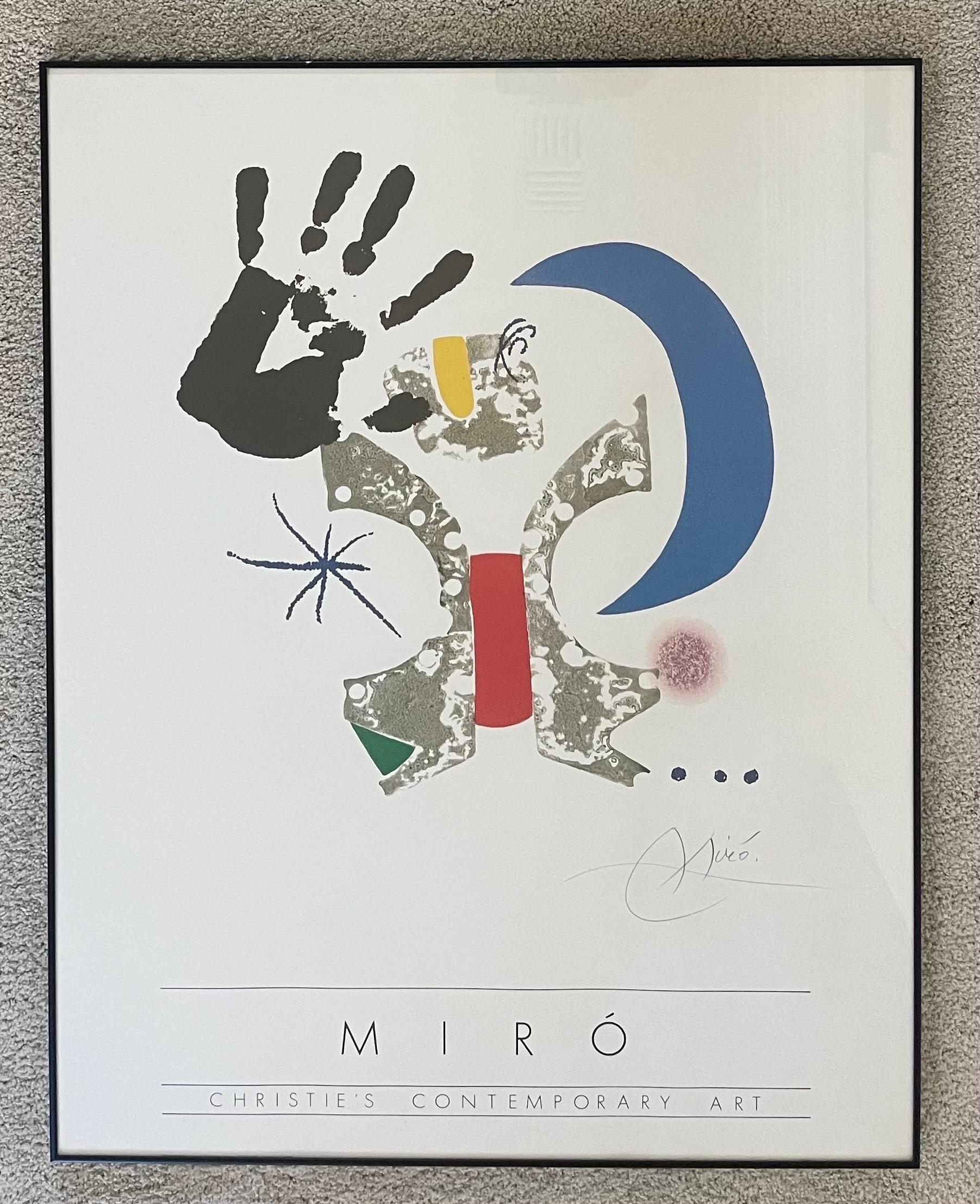 Highly collectible mid-century Joan Miro / Christies Contemporary lithograph art poster, circa 1980s. The poster, which is a reproduction of a 