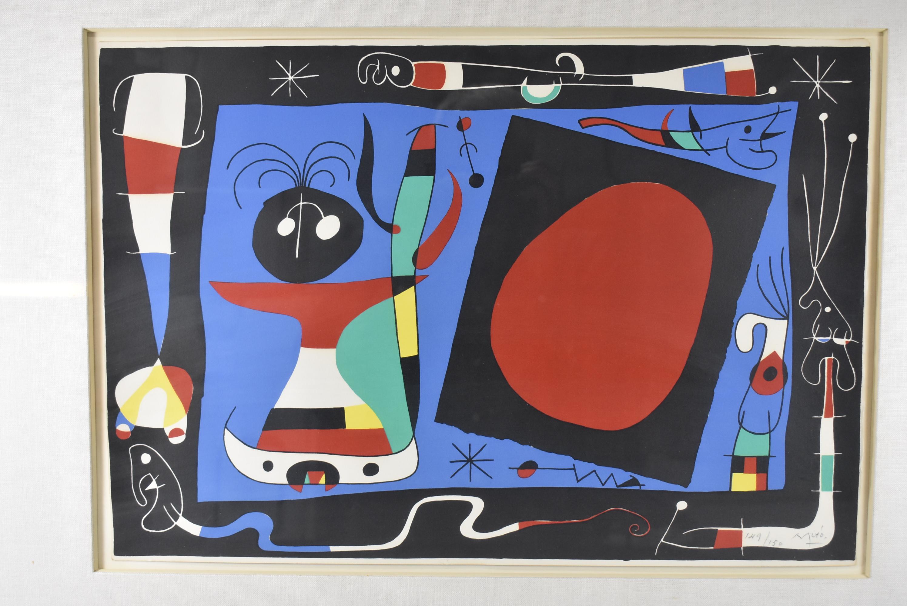 This is a gorgeous color lithograph by one of the great masters of 20th century Modernism, Joan Miró, showing the boldly colorful, curvilinear abstract composition that is so classic to Miró's most beloved work. Joan Miró (1893-1983) is widely