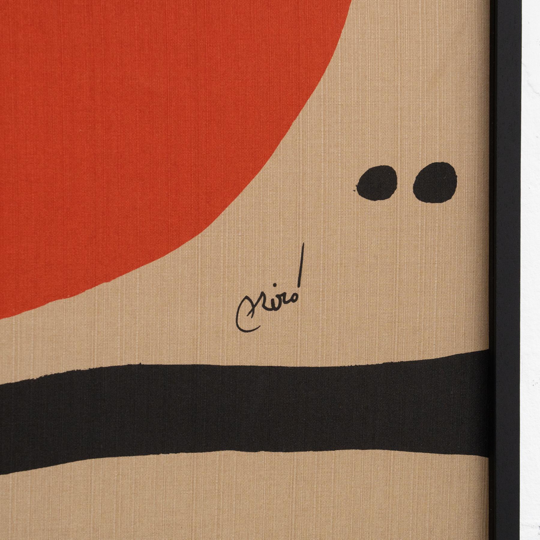 Mid-Century Modern Joan Miro Framed Lithograph in Textile Fabric, circa 1970 For Sale