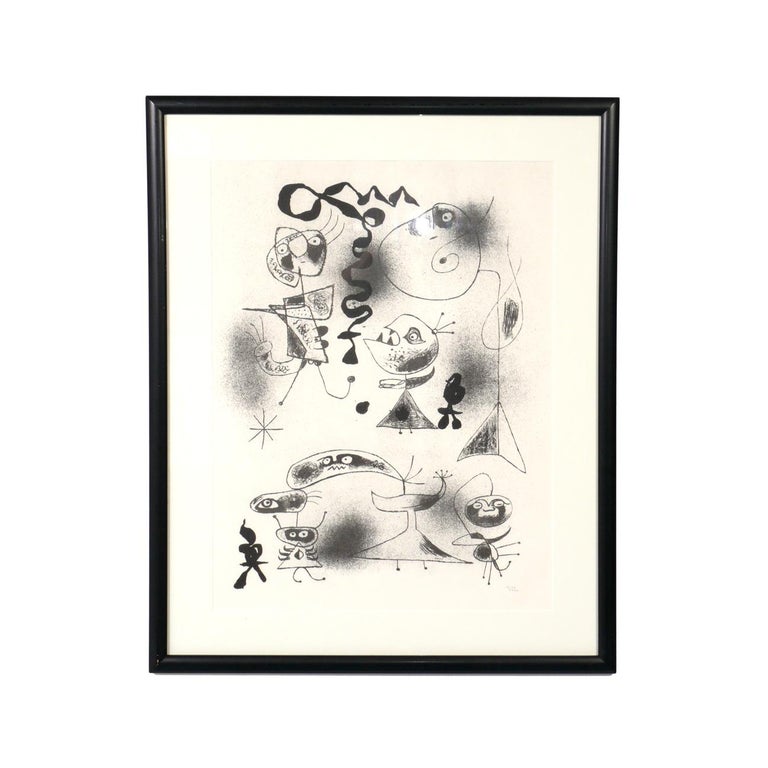 Joan Miro framed prints, French, circa 1970s. They are signed within the print and have the edition stamp. They are professionally framed in clean lined lacquered wood gallery frames. They are priced at $650 each.