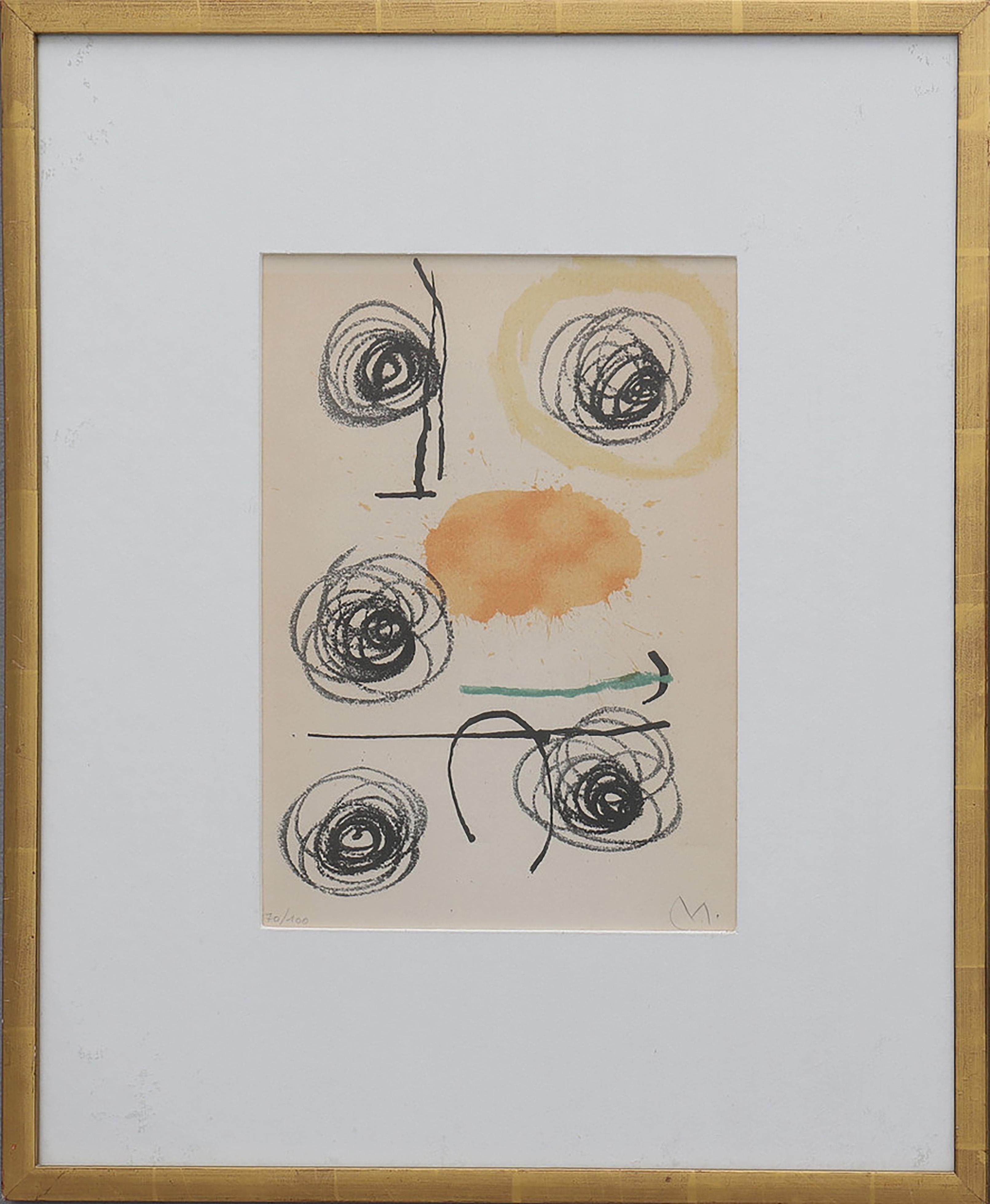 Signed, color lithograph, No. IV, 1964, paper back with printed text, 
sheet size 30.5x22 cm, printed by Sala Gaspar, Barcelona in 1964.
This original lithograph in colours is hand signed at the lower right corner in pencil by the artist with his