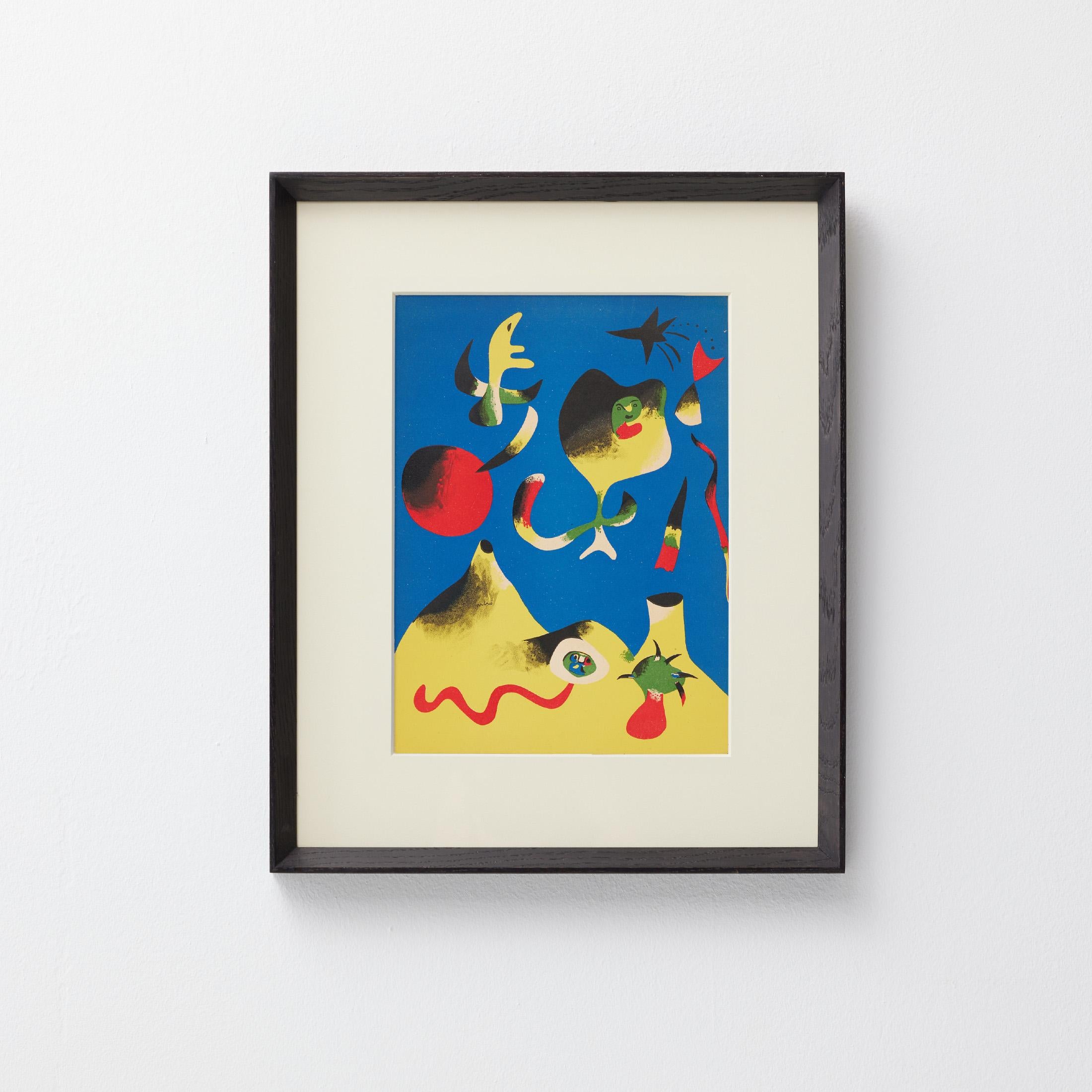 Rare et poétique lithographie originale de Joan Miró, imprimée en 1937 par Mourlot Frères pour l'emblématique revue d'art et de littérature Verve (Vol. I, n° 1, décembre 1937). Cette composition vivante capture le langage visuel caractéristique du