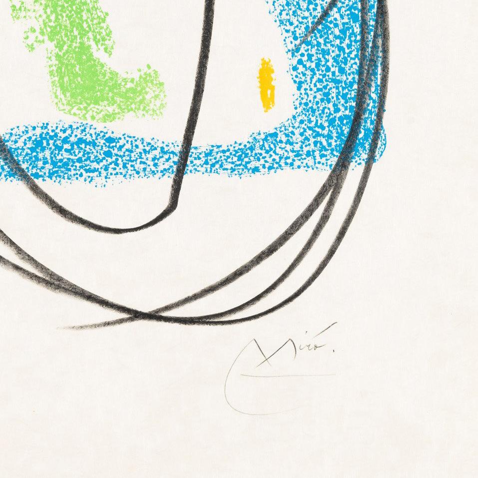 Original-Lithografie, gedruckt in vier Farben (rot, grün, blau, gelb) auf japanischem Perlmuttpapier, einzigartig von der Künstlerin von Hand verziert

Handsigniert mit Bleistift unten rechts Miró. 

Ein Probedruck, einer von 15 für den Künstler und