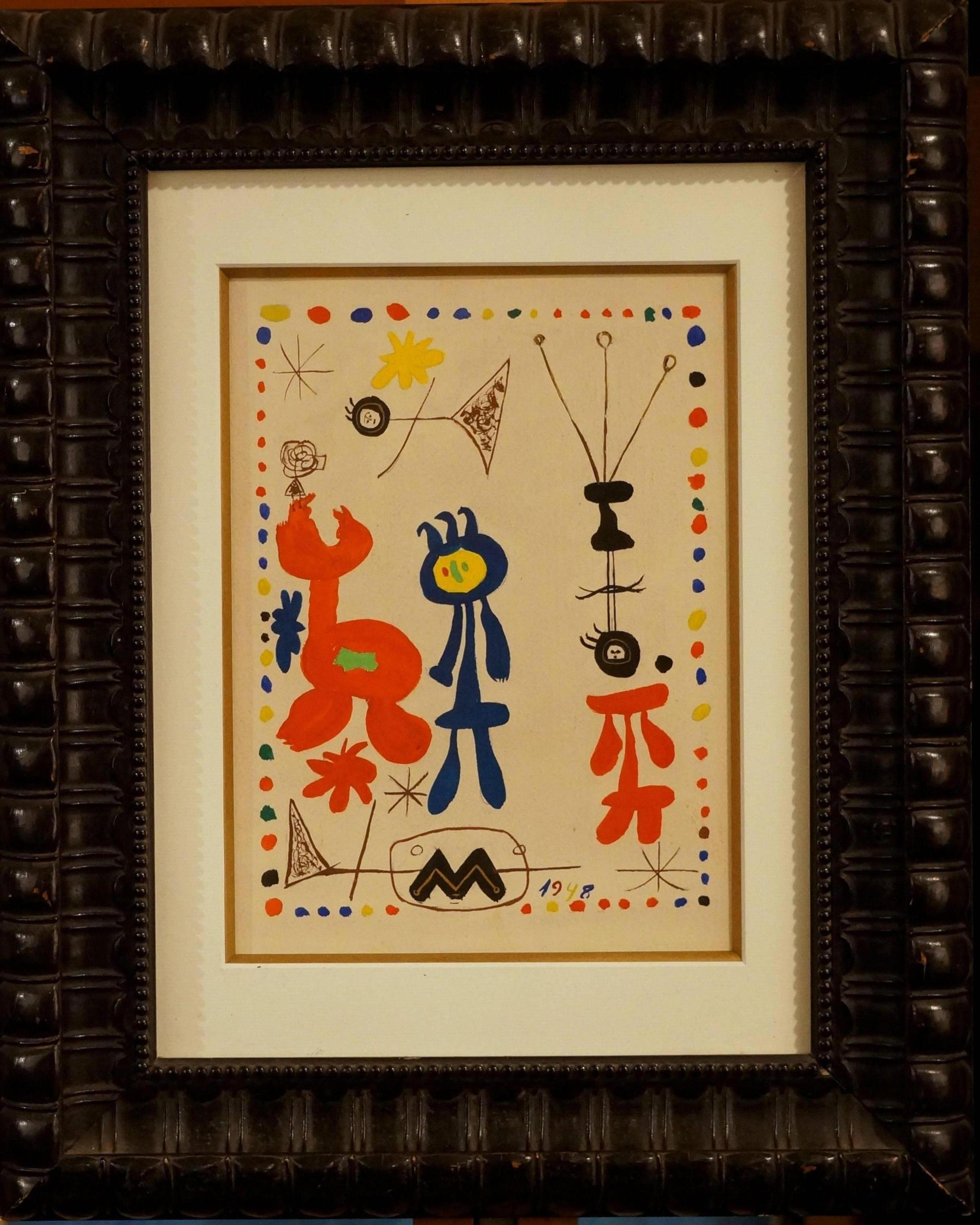 Joan Miró Abstract Drawing - Fusion, 1948 - original gouache, hand signed, unique piece 28x21 cm., framed