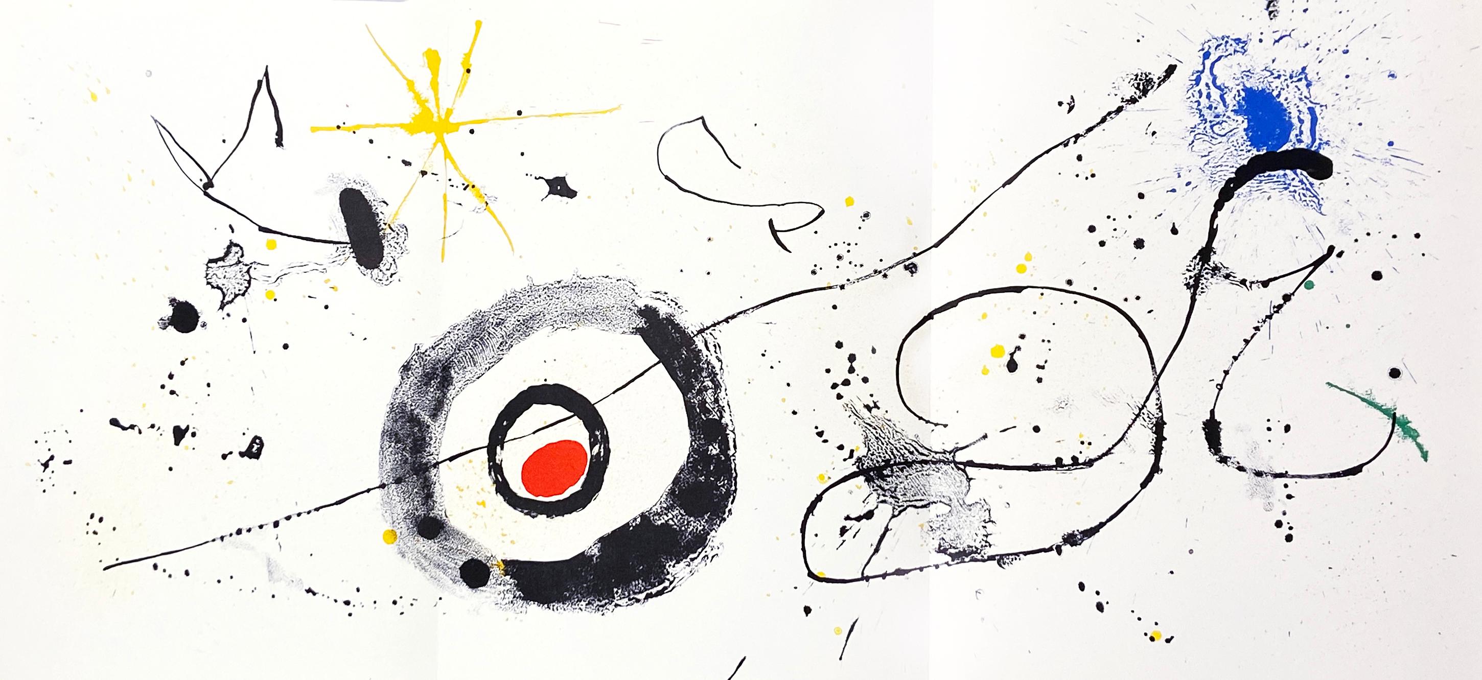 1960s Joan Miró Lithograph:
Portfolio: Derriere Le Miroir, 1963.
Published by: Galerie Maeght, Paris. 

Off-set lithograph in colors.
15 x 33 inches.
Well preserved; very good overall vintage condition with fold-lines as originally issued.
Unsigned