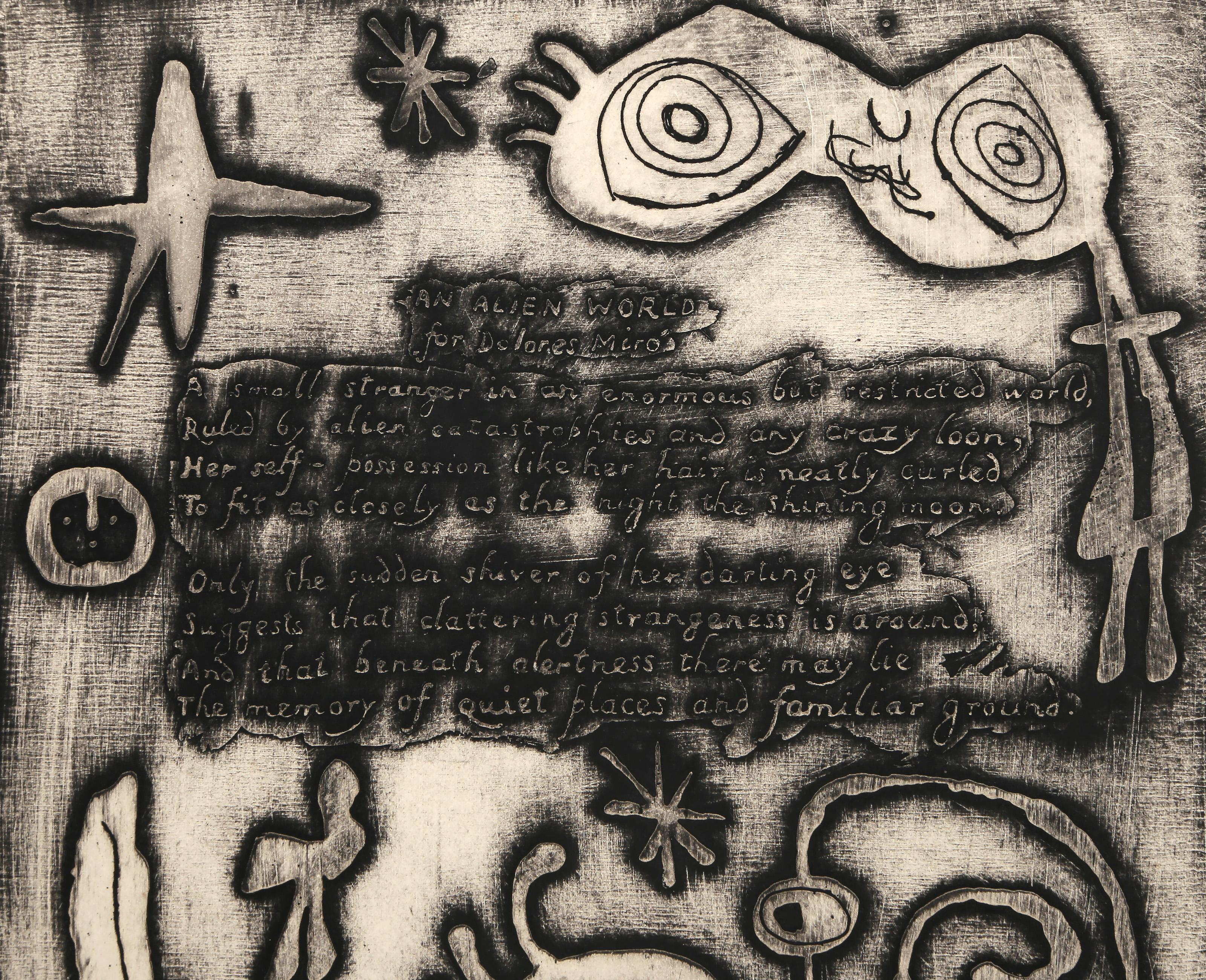 An Alien World For Dolores Miro, Surrealist Etching Poem by Joan Miro - Print by Joan Miró