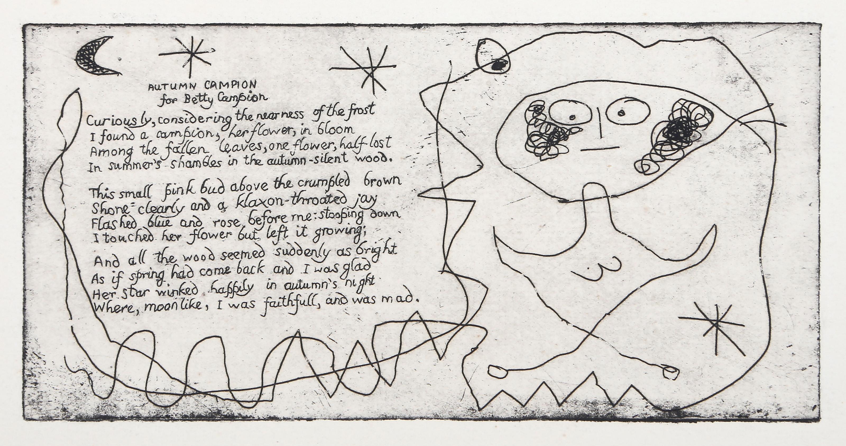 Autumn Campion para Betty Campion
Joan Miró, español (1893-1983)
Fecha: 1947
Aguafuerte y aguatinta sobre papel verjurado, firmado en la plancha
Tamaño de la imagen: 3 x 6 pulgadas
Tamaño: 38,74 x 25,4 cm (15,25 x 10 pulg.)
Imprenta: Atelier 17,