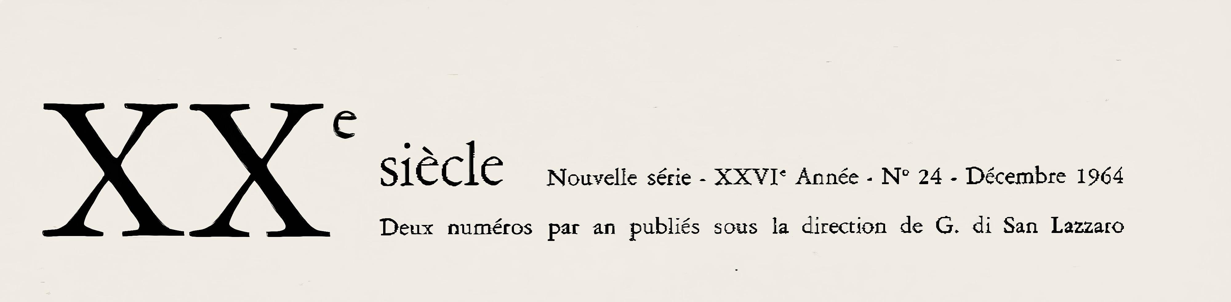 Lithographie sur papier vélin. Taille du papier : 12,4 x 9,65 pouces. Inscription : Non signé et non numéroté, tel que publié. Notes : Extrait de l'album, XXe siècle, Nouvelle série, XXVIe Année N°24, Décembre 1964, Cahiers d'art créés en 1938 par